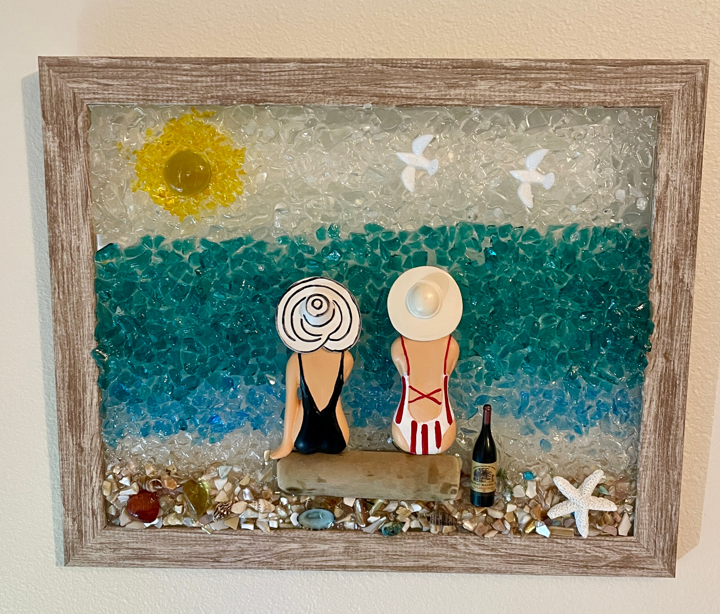 Two Beach Babes on Driftwood Log w/Wine - 8" x 10" Crushed Glass Coastal Wall Art