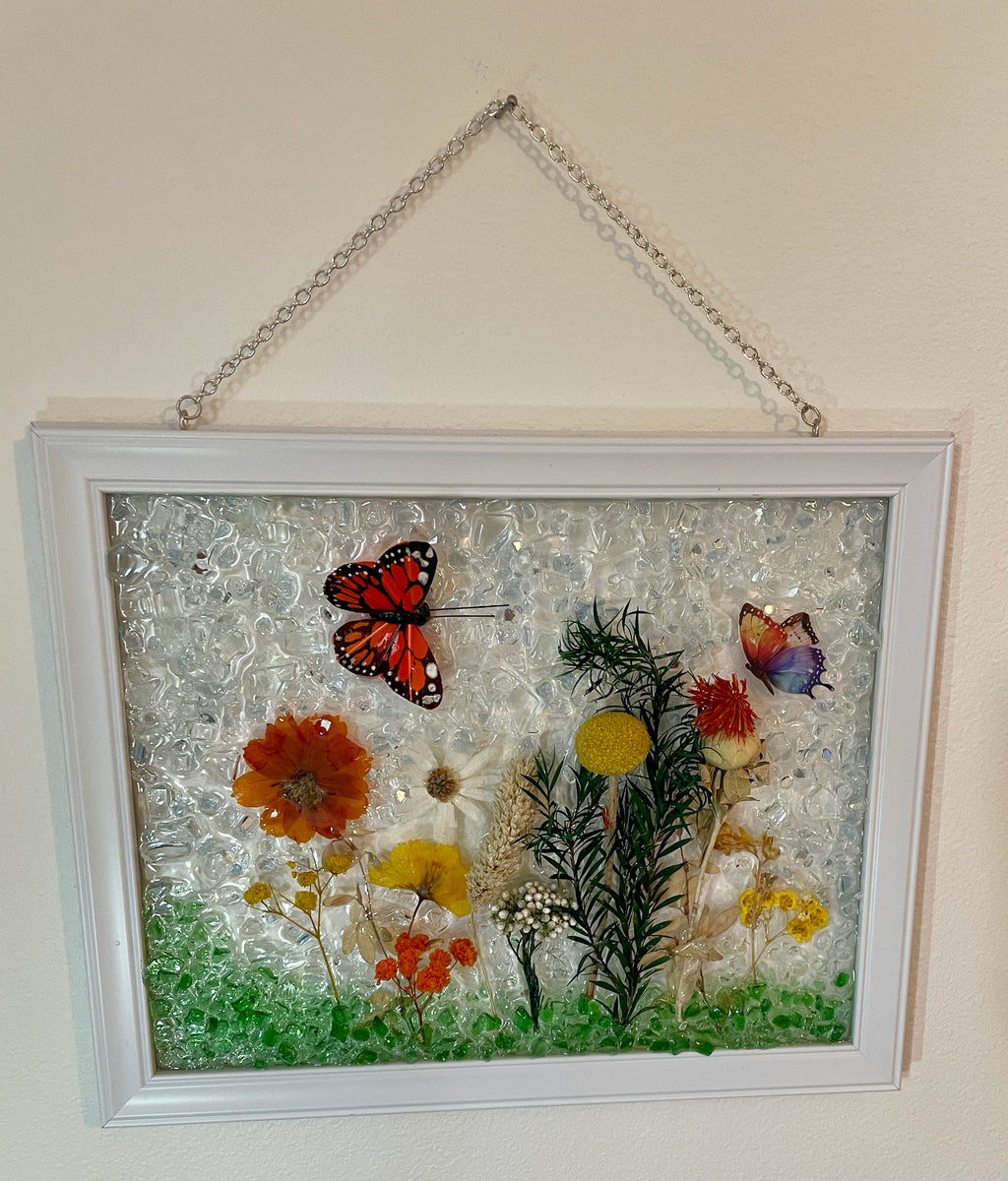 Garden Flowers with 3D Monarch Butterfly - 8" x 10" Crushed Glass Nature Art