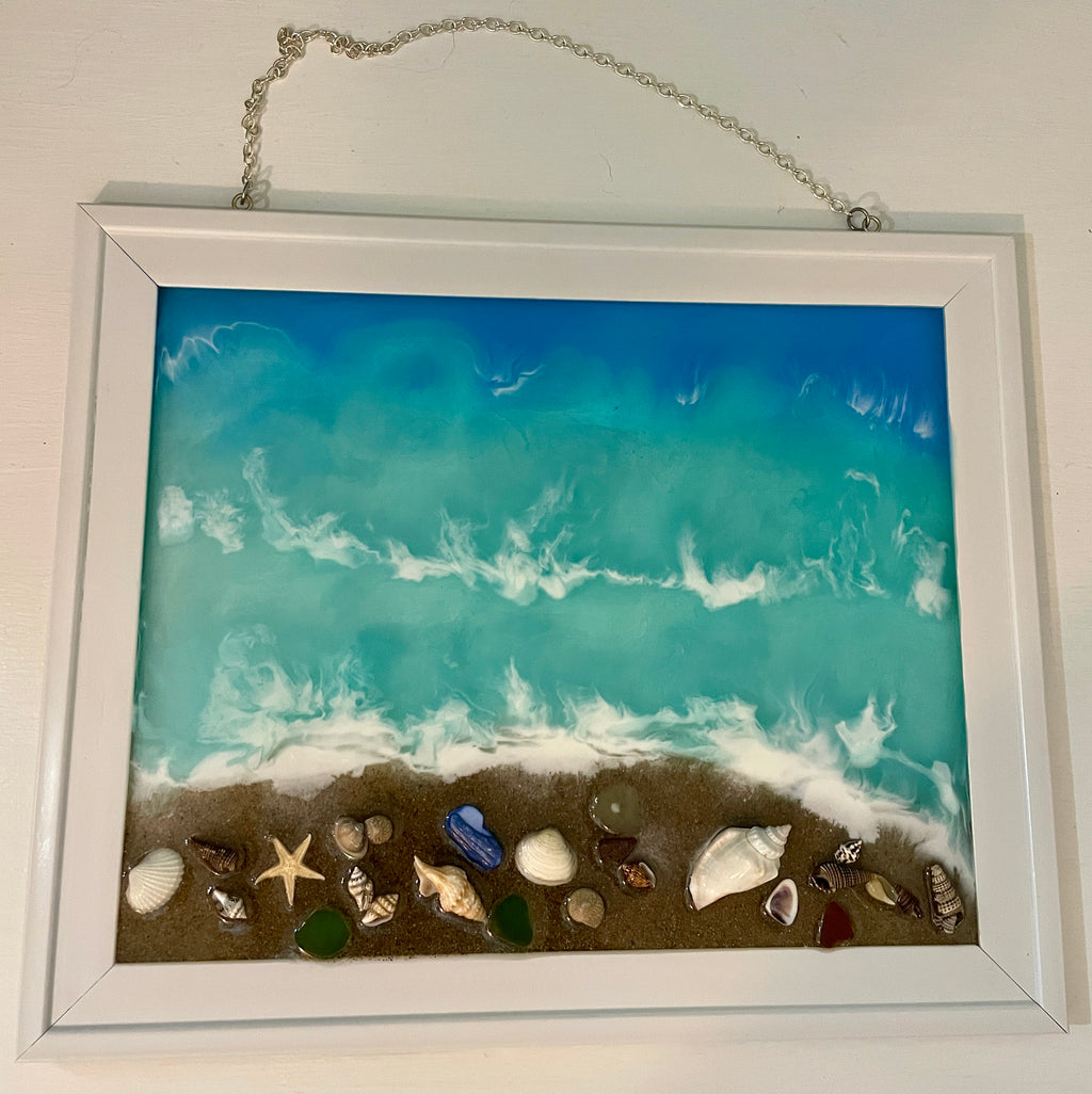 Ocean Scene with Beach shore accented with real sea glass and sea shells - 8" x 10"