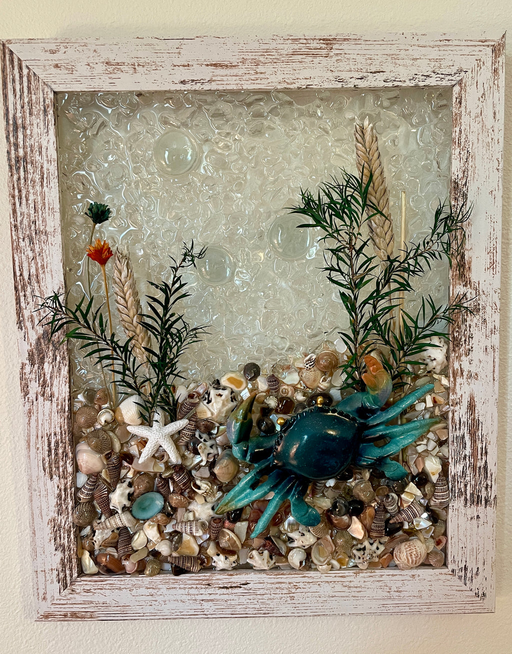 Crab on a bed of Sea Shells - 8" x 10" Coastal Art