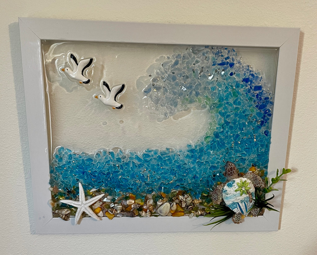 Sea Turtle with an Ocean Wave and resin Starfish - 8" x 10" Crushed Glass Picture