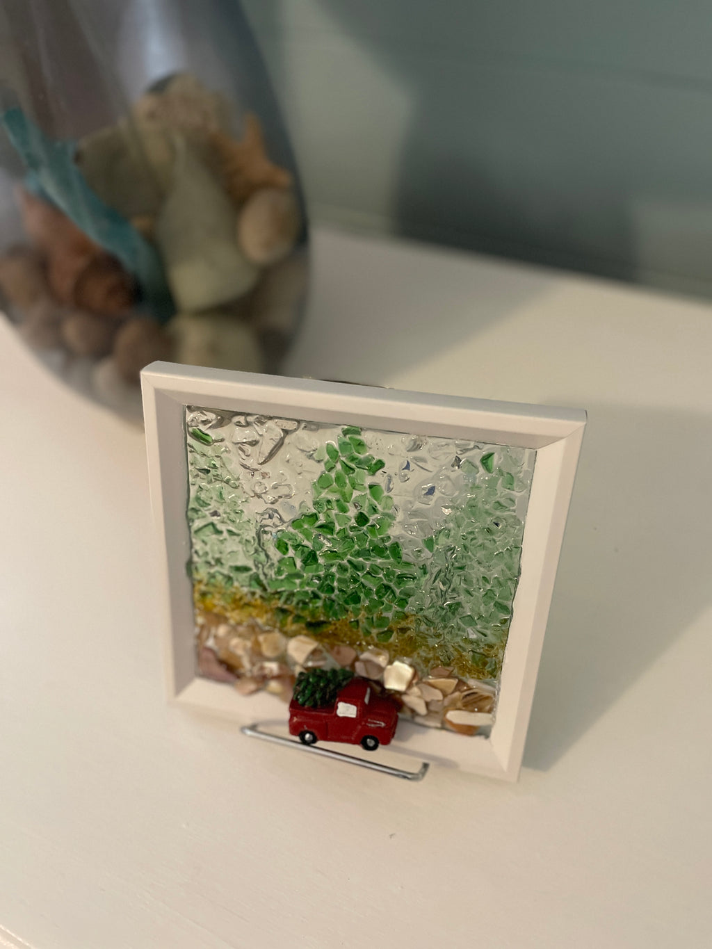 Red Truck Christmas Tree Art | 5x7 Holiday Forest Crushed Glass Decor