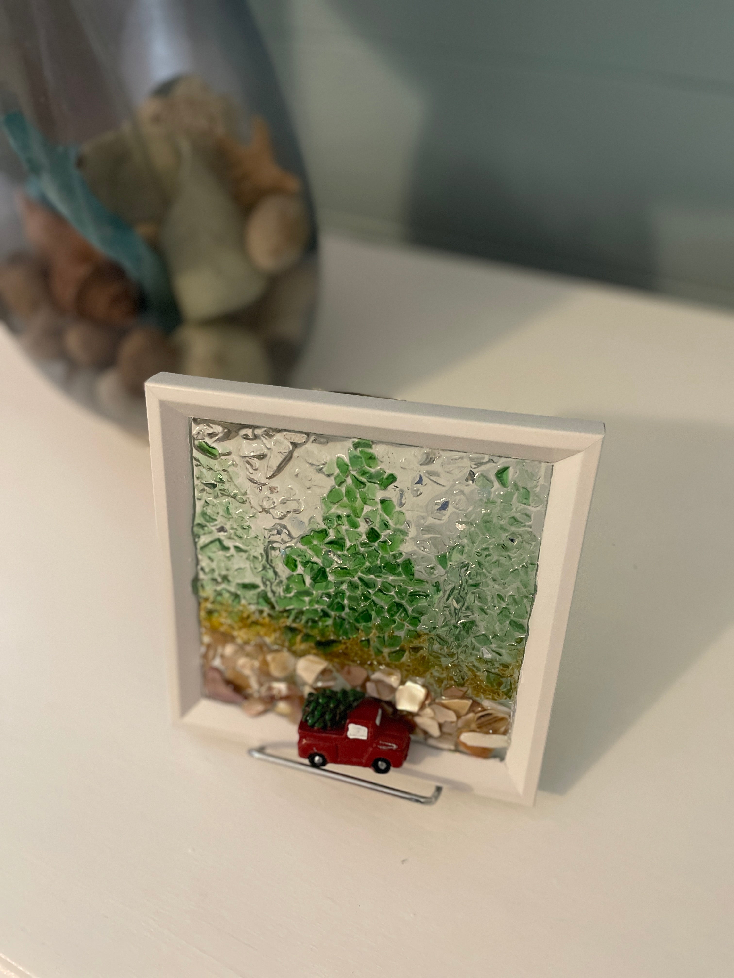 Red Truck Christmas Tree Art | 5x7 Holiday Forest Crushed Glass Decor
