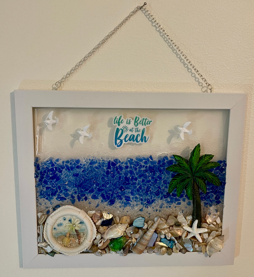 8" x 10" - Ocean scene with REAL SEA GLASS and saying "Life is Better at the Beach"