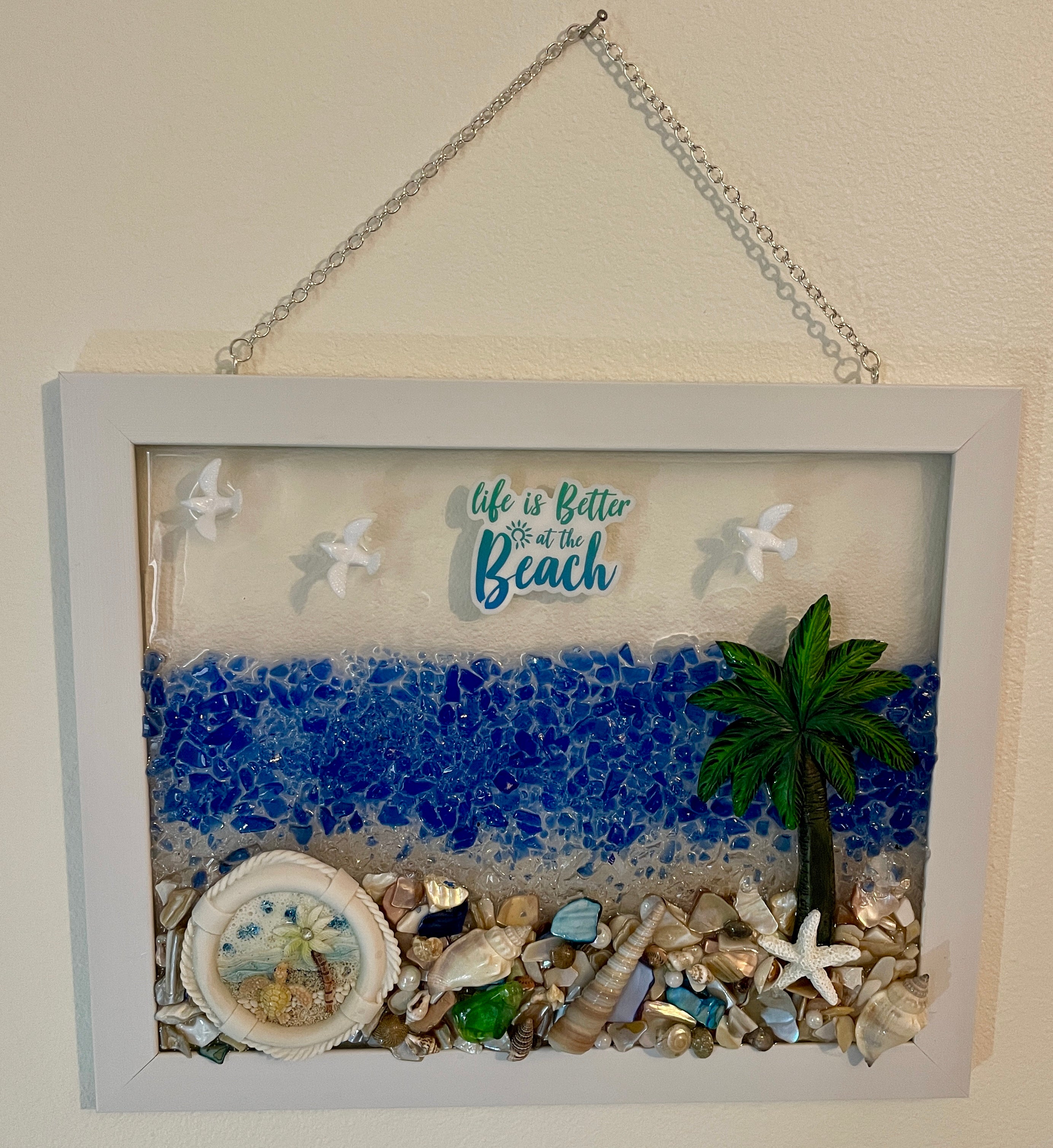 8" x 10" - Ocean scene with REAL SEA GLASS and saying "Life is Better at the Beach"