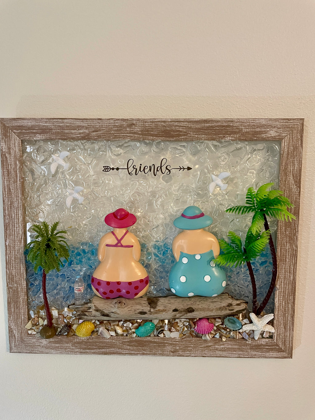 Beach Friends Crushed Glass Art - Two Friends on Driftwood Log (8" x 10")