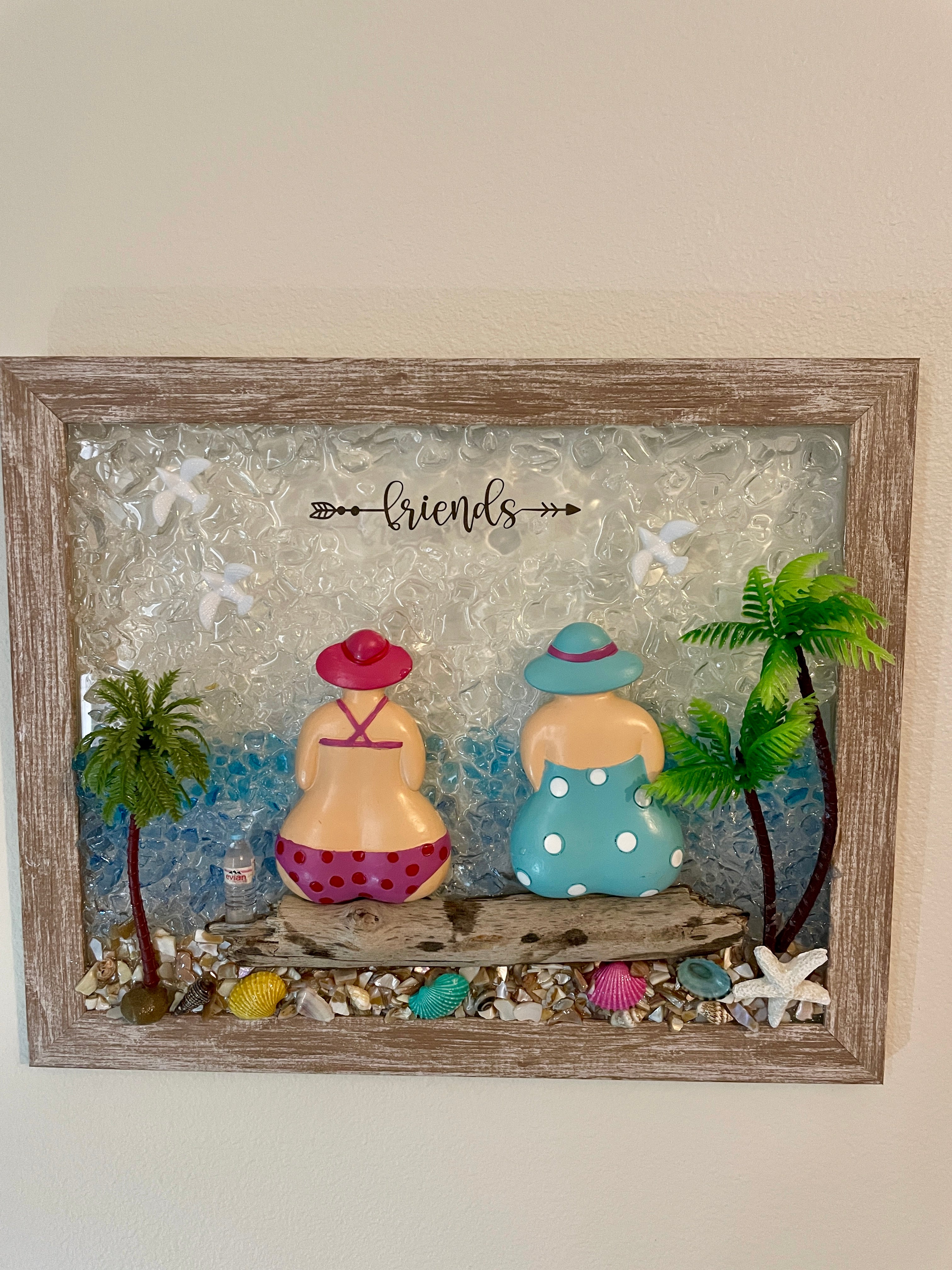 Beach Friends Crushed Glass Art - Two Friends on Driftwood Log (8" x 10")