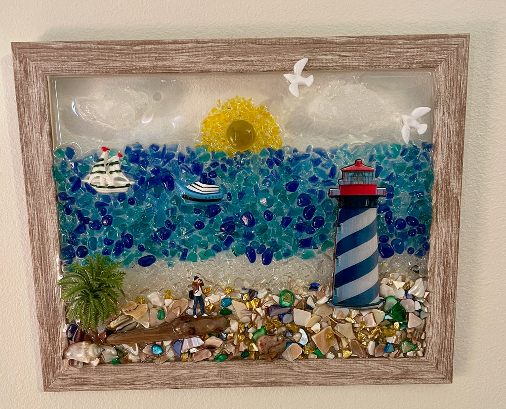 Beach Scene with Lighthouse – 8" x 10" Coastal Wall Art