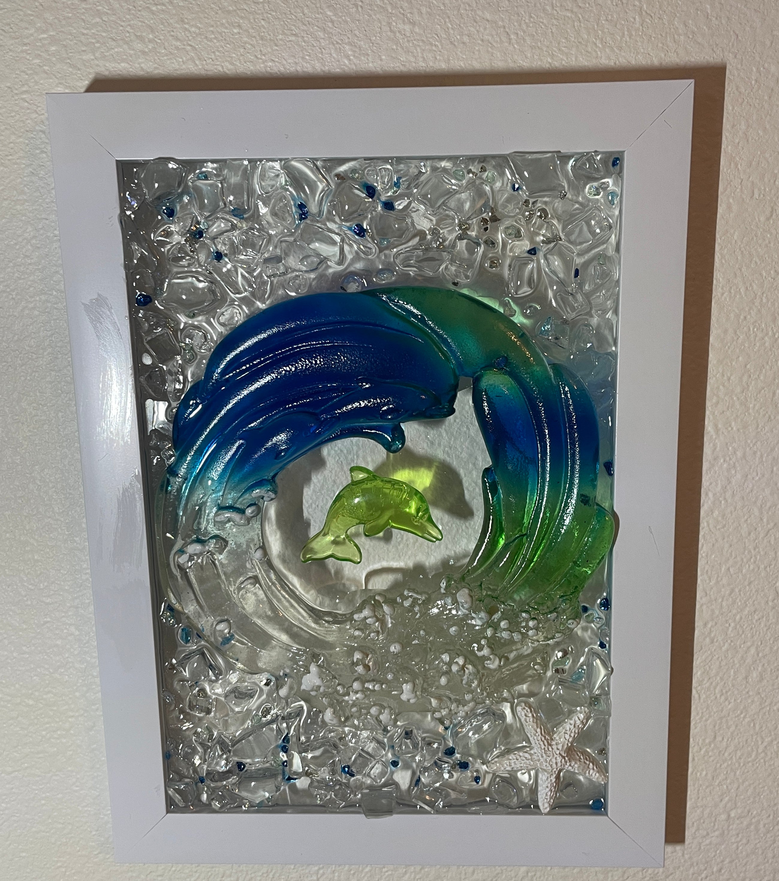 Abstract Wave with Dolphin - 5x7 Crushed Glass Coastal Art with Starfish