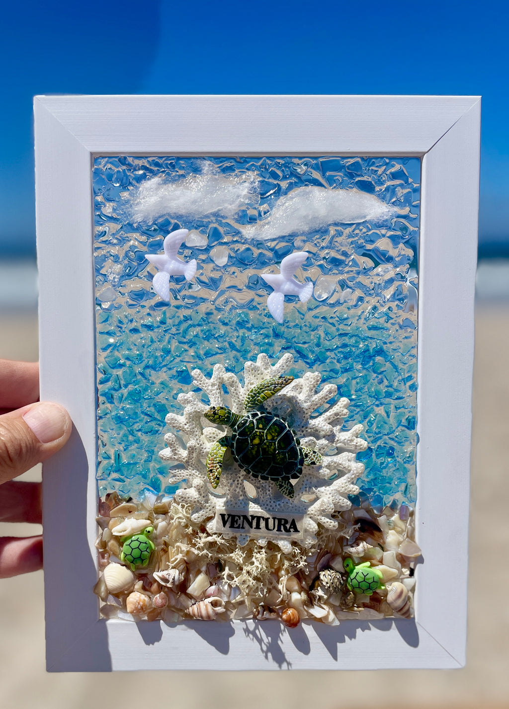 Ventura Beach Sign on Resin Sea Coral with Clouds and Seagulls - 5" x 7" | Beach Vibe