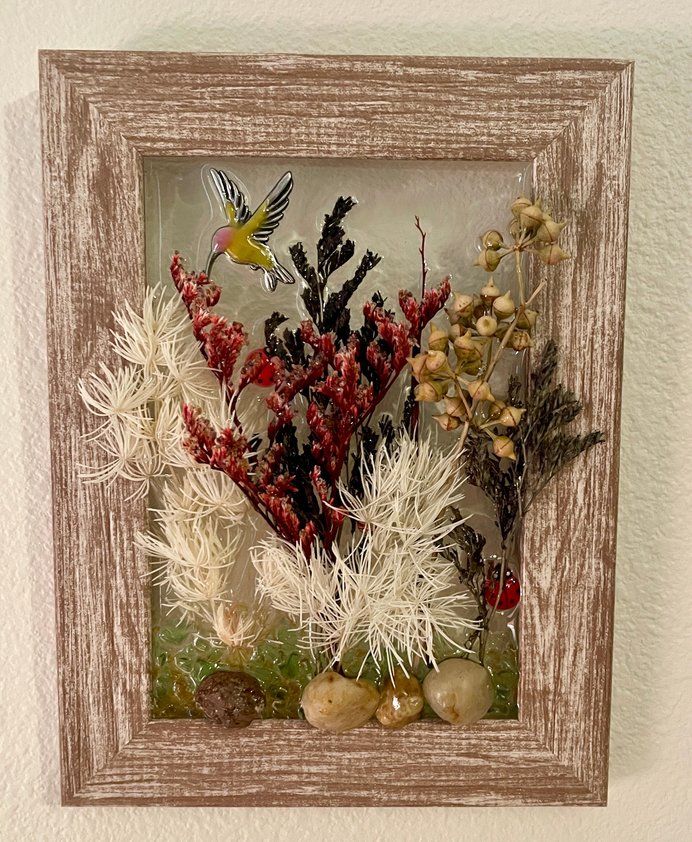 Bed of Flowers with Hummingbird and Lady Bug - 3" x 5" Crushed Glass Coastal Art