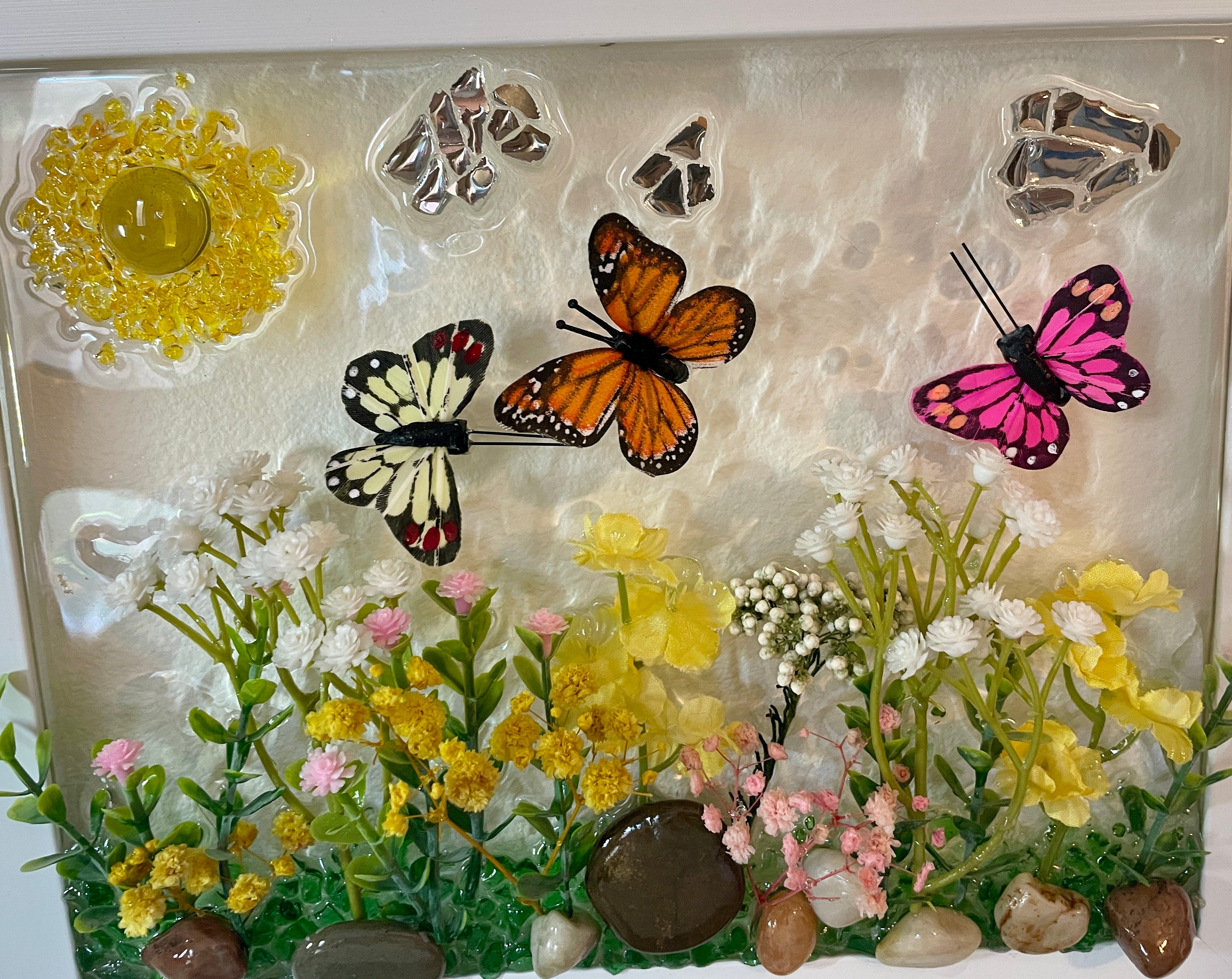 Garden Flowers with 3D Butterflies Crushed Glass Picture - 8" x 10"