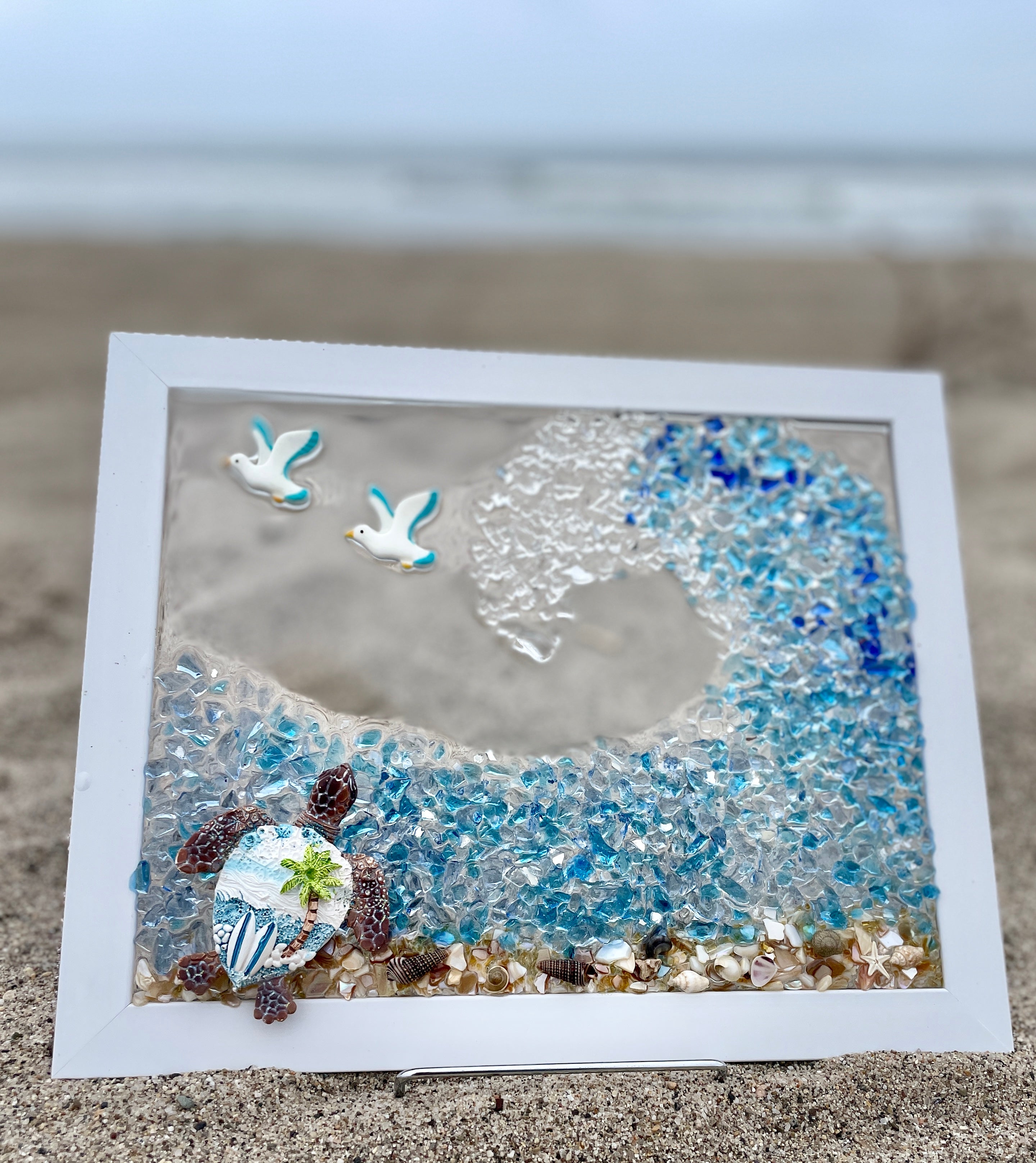 Sea Turtle with an Ocean Wave - 8" x 10" Crushed Glass Picture