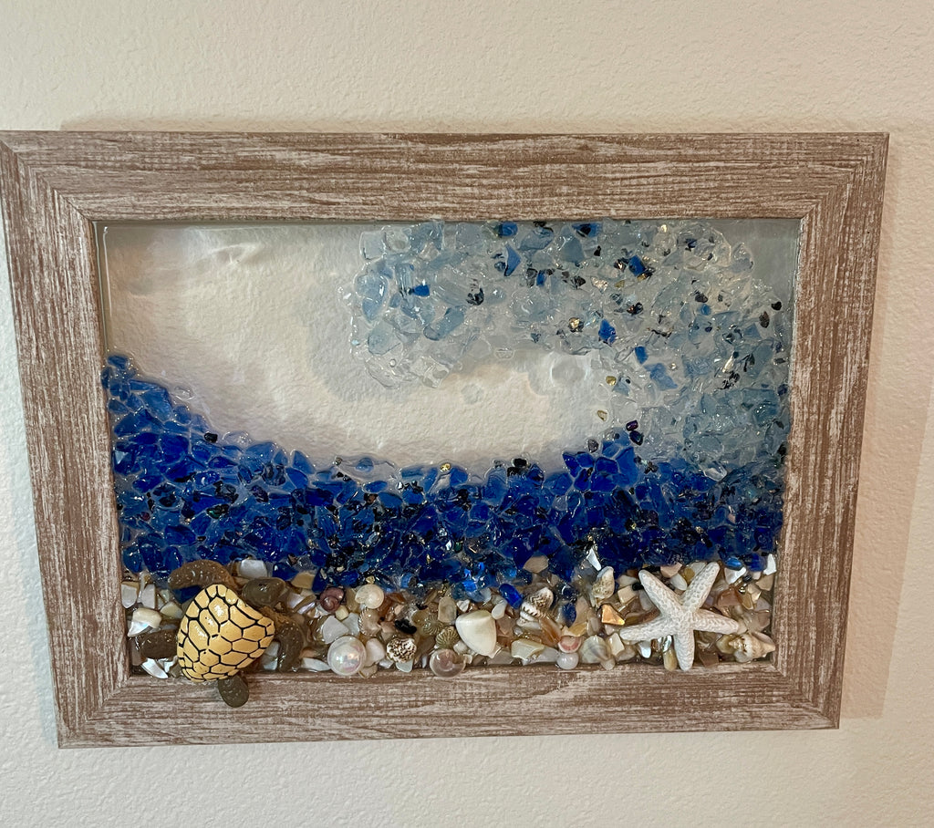 Sea Turtle with an Ocean Wave and resin Starfish - 5" x 7" Crushed Glass Picture