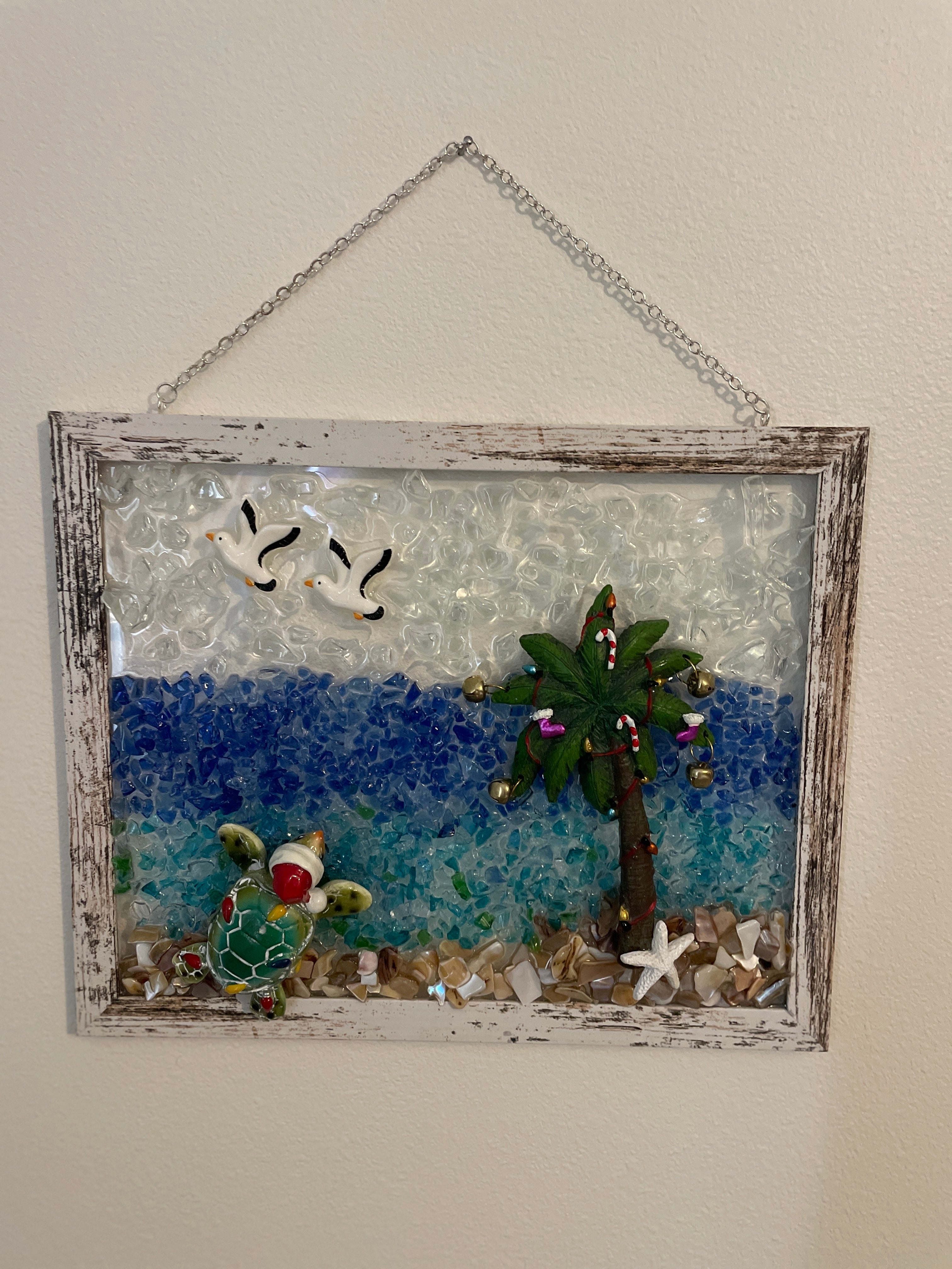 Christmas Sea Turtle with Santa Hat & Palm Tree - 8x10 Coastal Holiday Crushed Glass Art