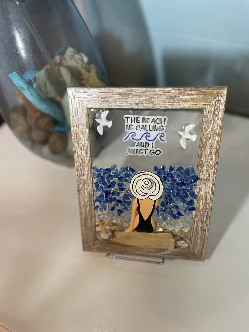 Beach Calling Crushed Glass Art - Beach Lady Quote (5" x 7")