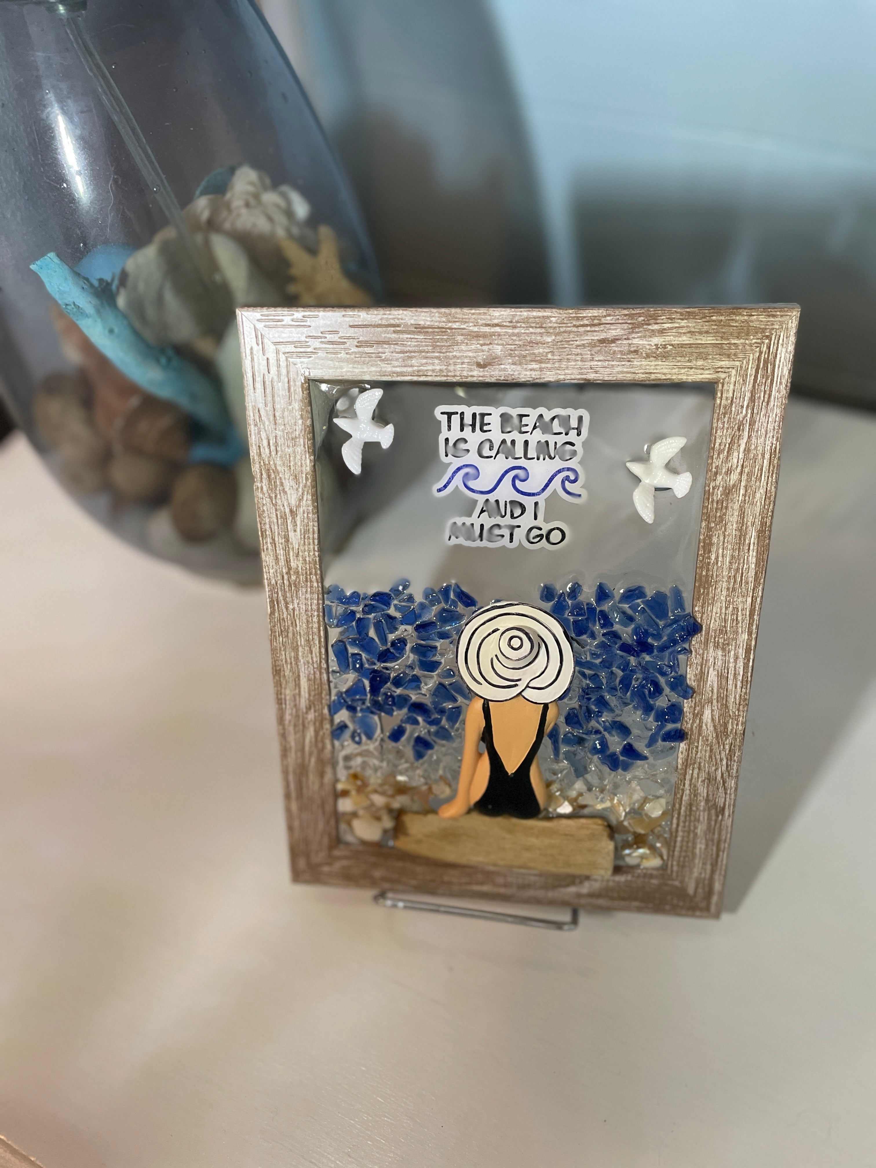 Beach Calling Crushed Glass Art - Beach Lady Quote (5" x 7")