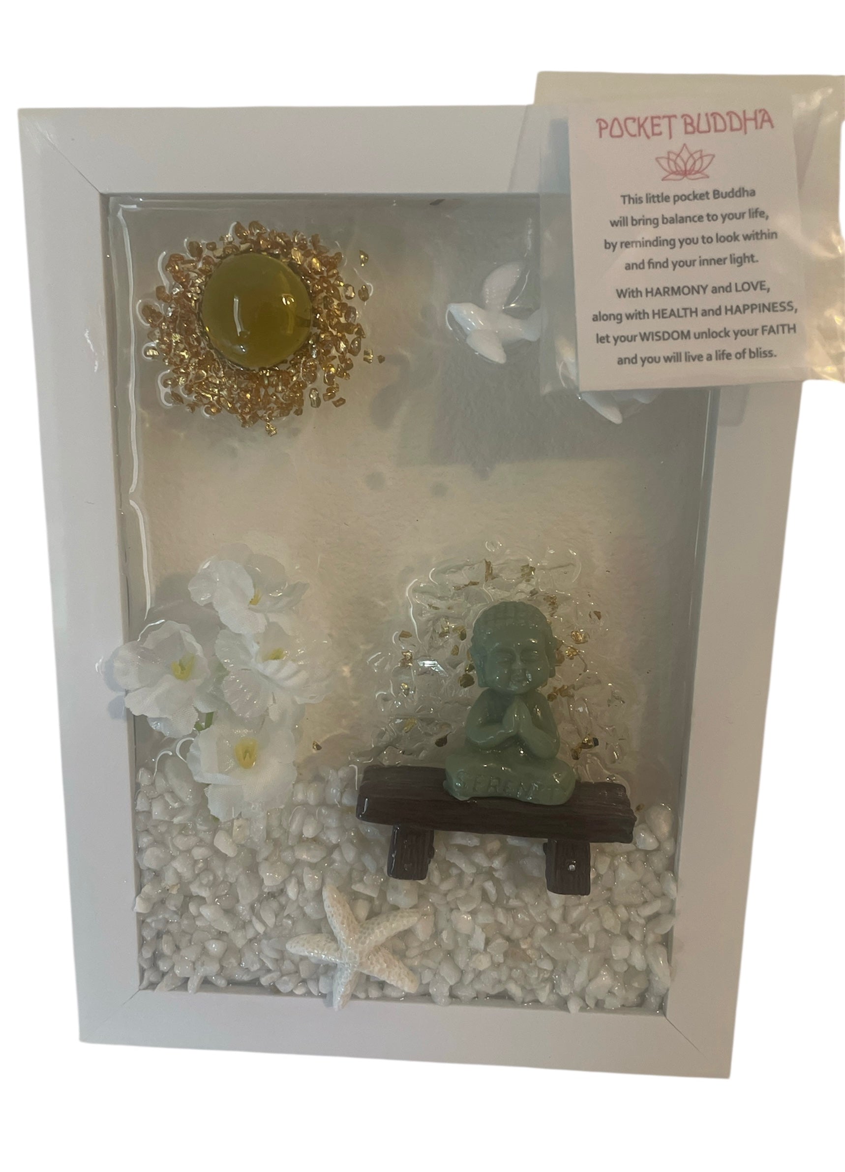 Buddha Meditation Crushed Glass Art with Inspiring Note - Starfish & Birds (5" x 7")