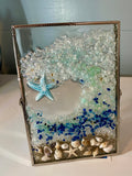 Self-Standing Ocean Picture with Crushed Glass Wave and Sea Shells - 4" x 6"