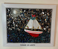 Handcrafted 8x10 "Parade of Lights" Crushed Glass Coastal Scene featuring Decorated Boat