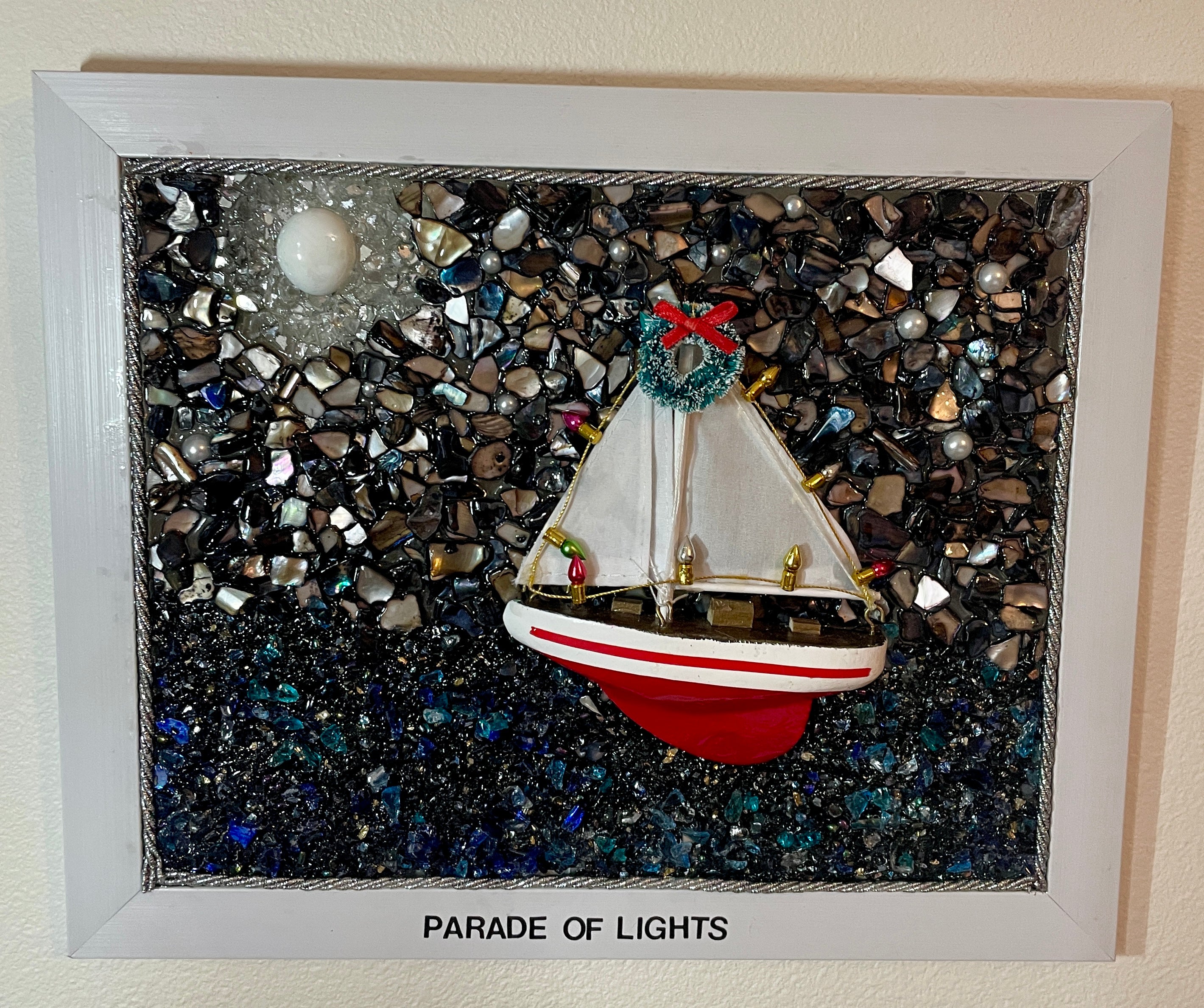 Handcrafted 8x10 "Parade of Lights" Crushed Glass Coastal Scene featuring Decorated Boat