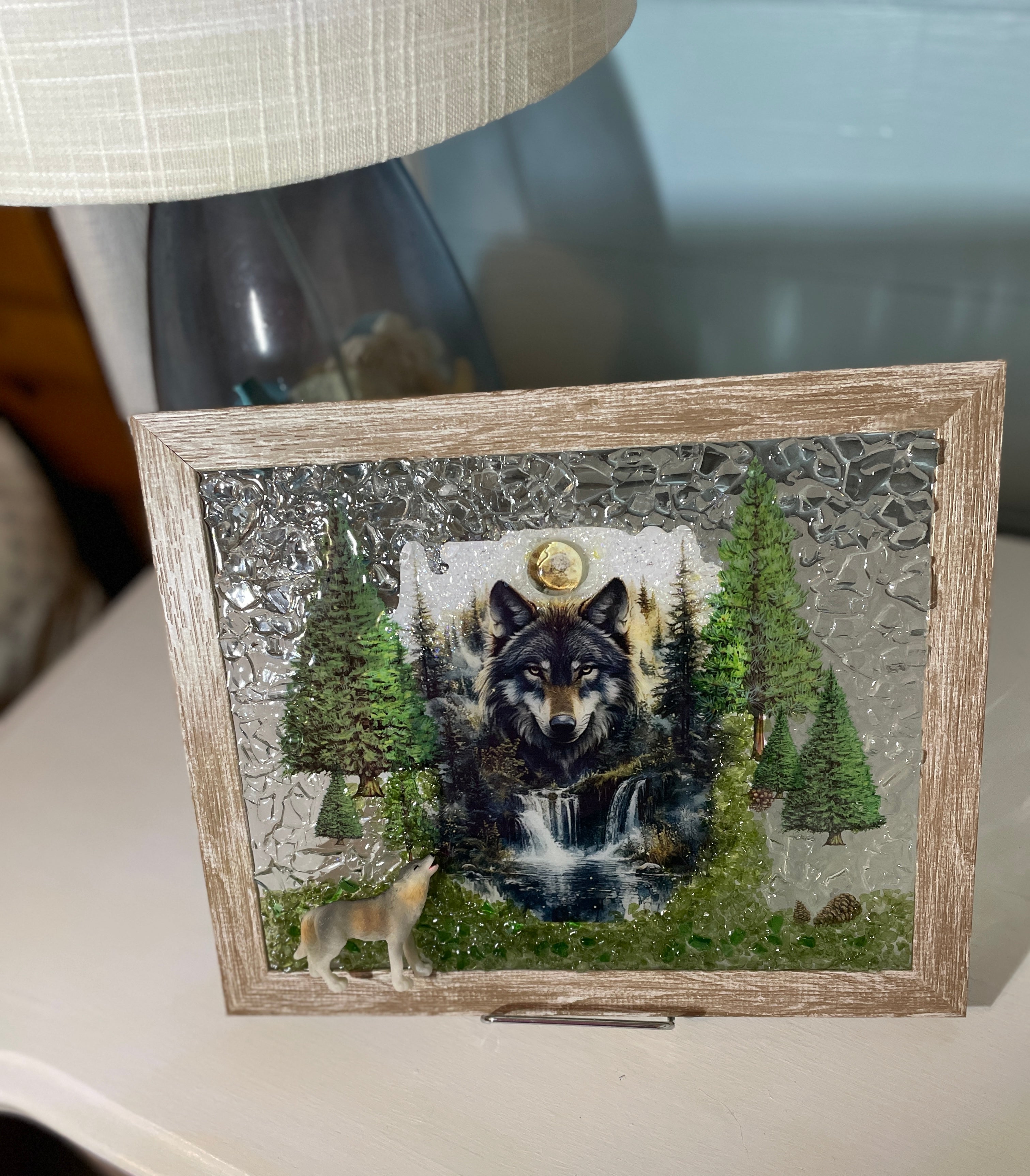 Handcrafted 8x10 Wolf Art featuring crushed glass