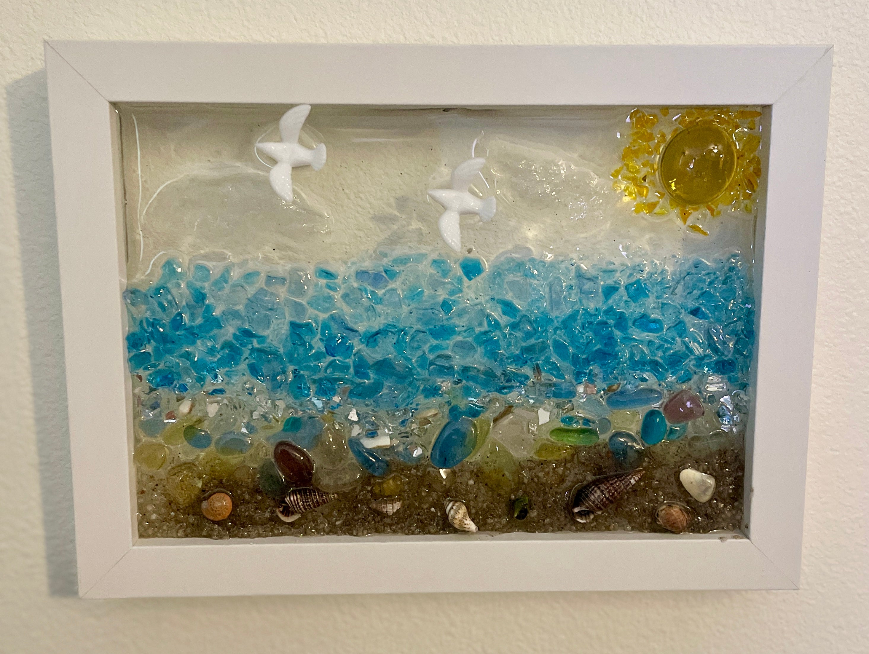 Beach Scene with Faux Sea Glass, Clouds & Seagulls – 5" x 7" Coastal Wall Art | Beach Vibe