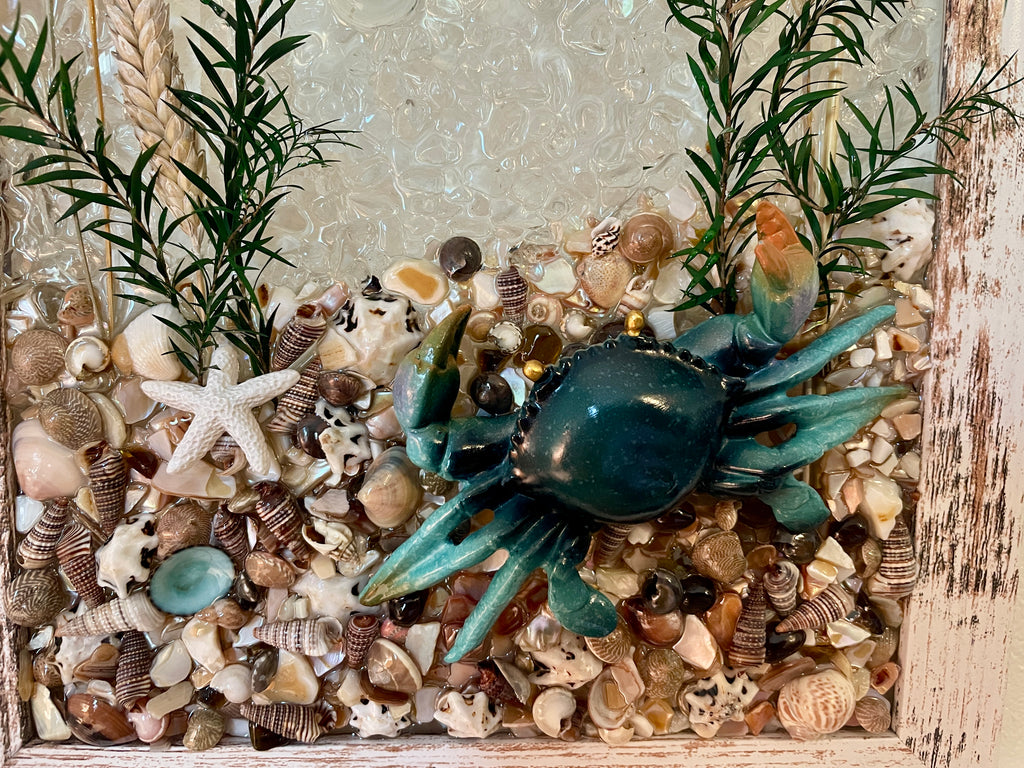 Crab on a bed of Sea Shells - 8" x 10" Coastal Art