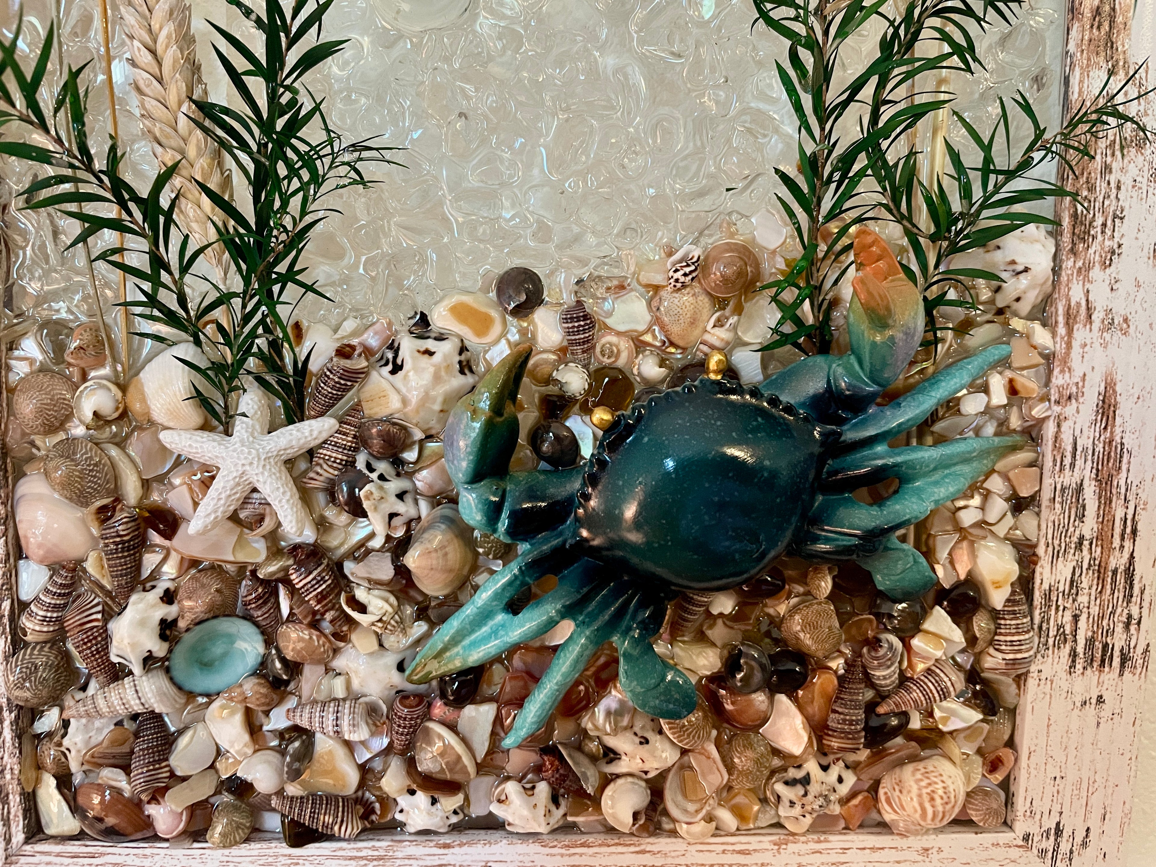 Crab on a bed of Sea Shells - 8" x 10" Coastal Art