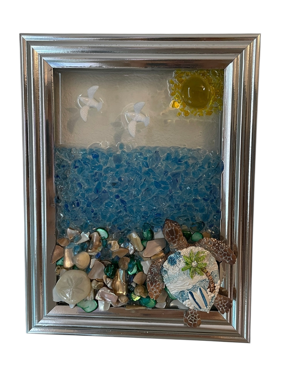 Sea Turtle Crushed Glass Art - Beach Scene with Seagulls & Sand Dollar (5' x 7")