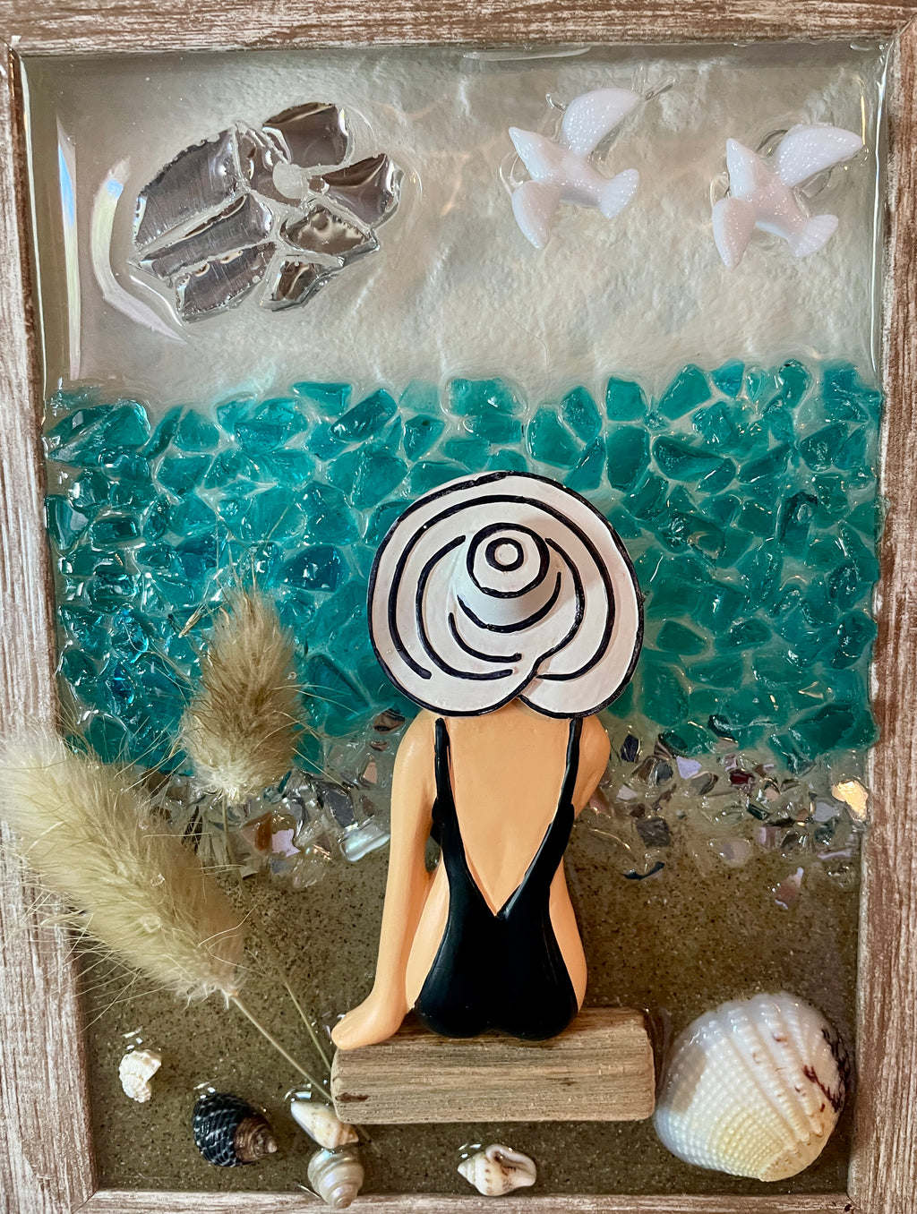 Beach Babe on Driftwood Log - 5x7 Crushed Glass Coastal Art