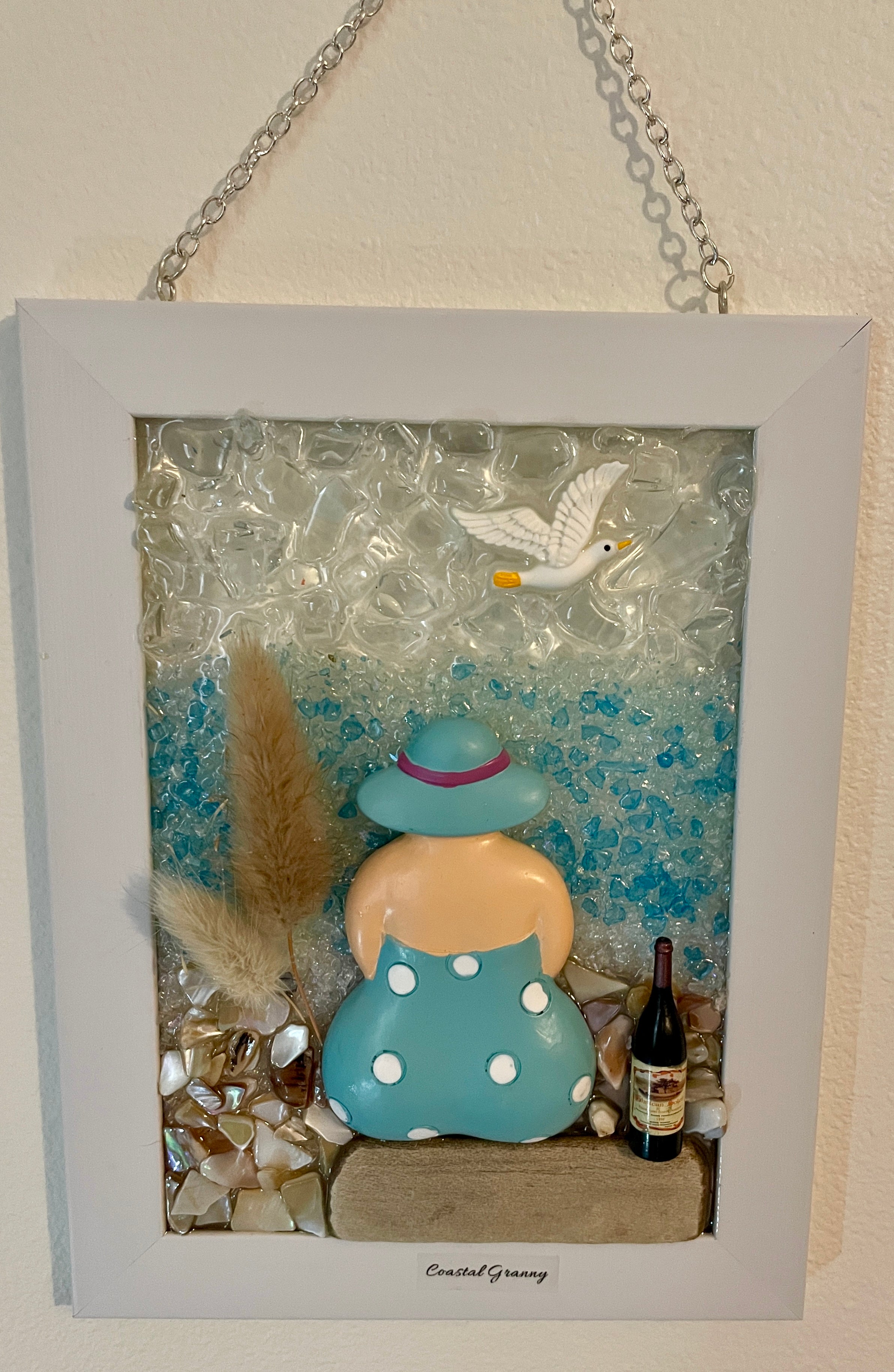 Coastal Granny Beach Scene - 5x7 Handcrafted Art with Crushed Glass