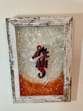 Seahorse Crushed Glass Art - 5" x 7" Coastal Decor with Resin Seahorse