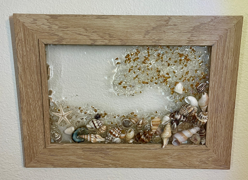 Coastal Wave Art - 4" x 6" Crushed Glass with Shells & Starfish
