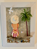 Beach Babe on Driftwood Log - 5x7 Crushed Glass Coastal Art