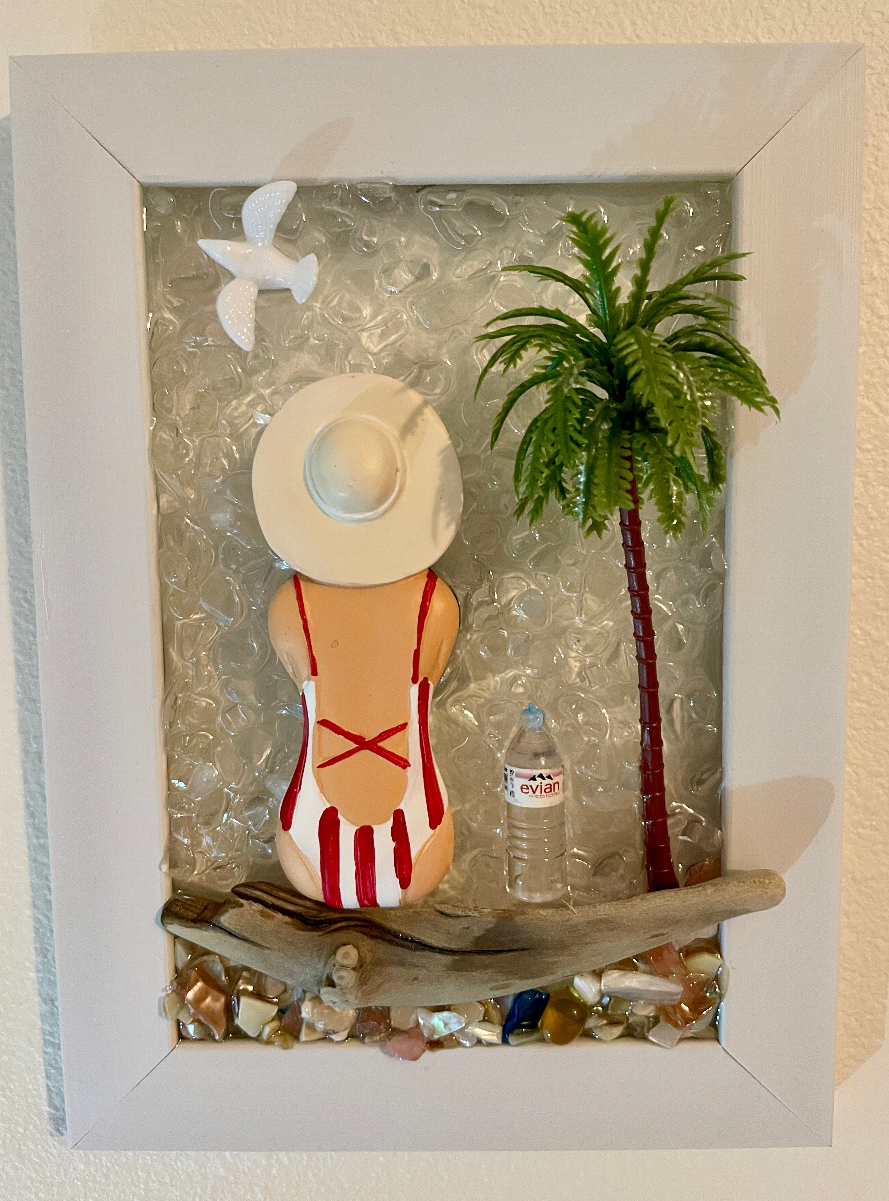 Beach Babe on Driftwood Log - 5x7 Crushed Glass Coastal Art