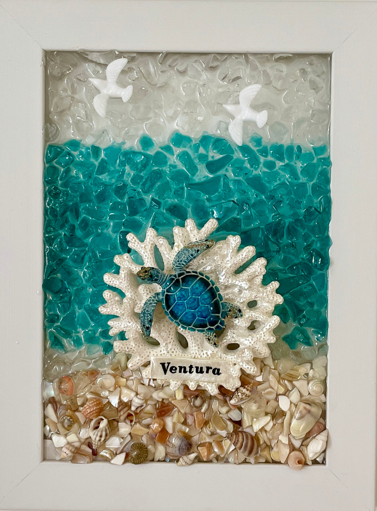 Ventura Beach Sign on Resin Sea Coral with Clouds and Seagulls - 5" x 7" | Beach Vibe