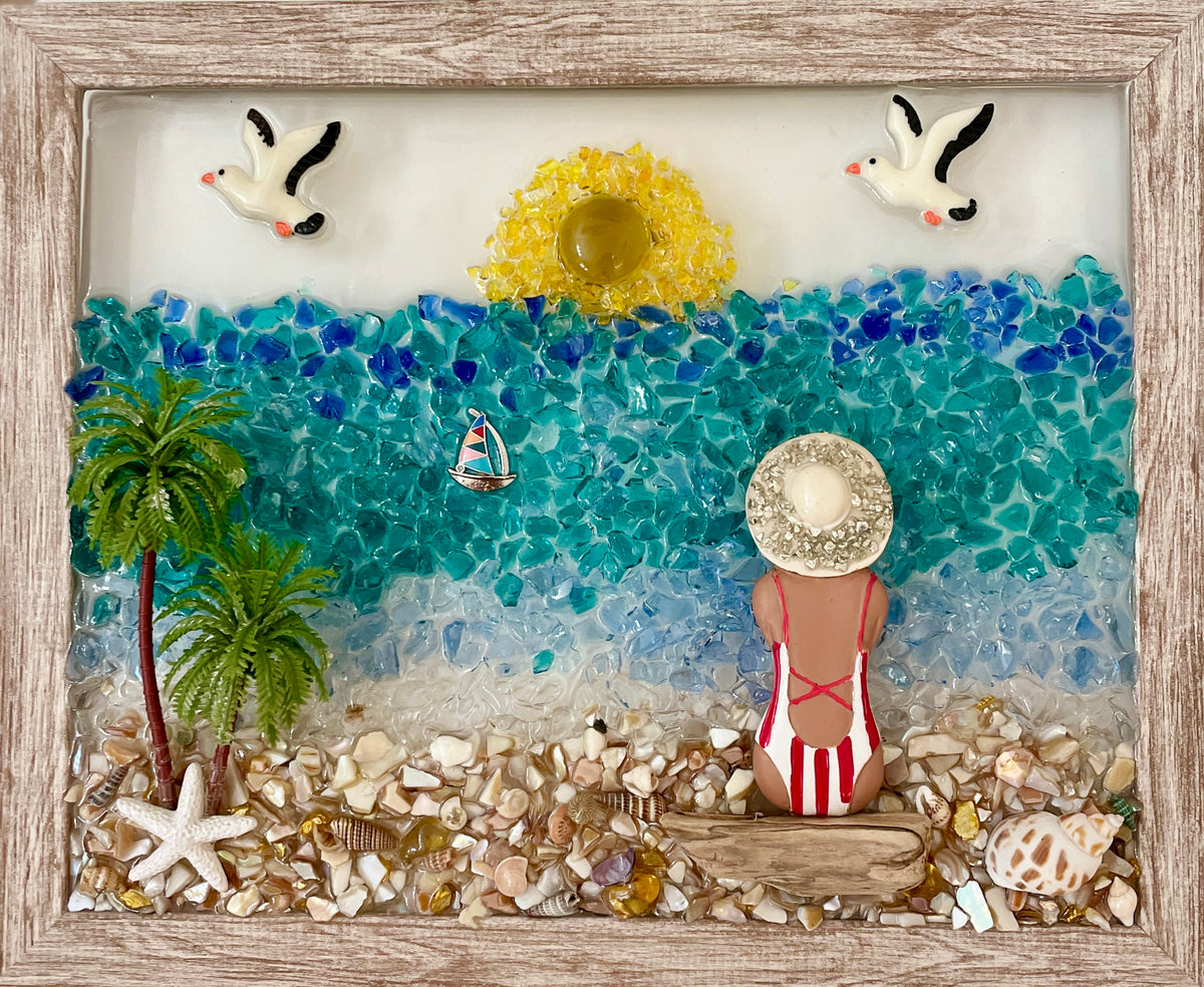 Beach Babe with Palm Trees and Seagulls – 8" x 10" Coastal Wall Art #1044
