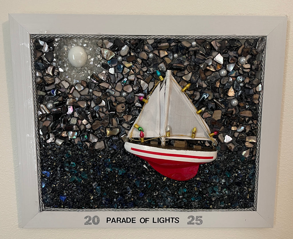 Handcrafted 8x10 "Parade of Lights" Crushed Glass Coastal Scene featuring Decorated Boat