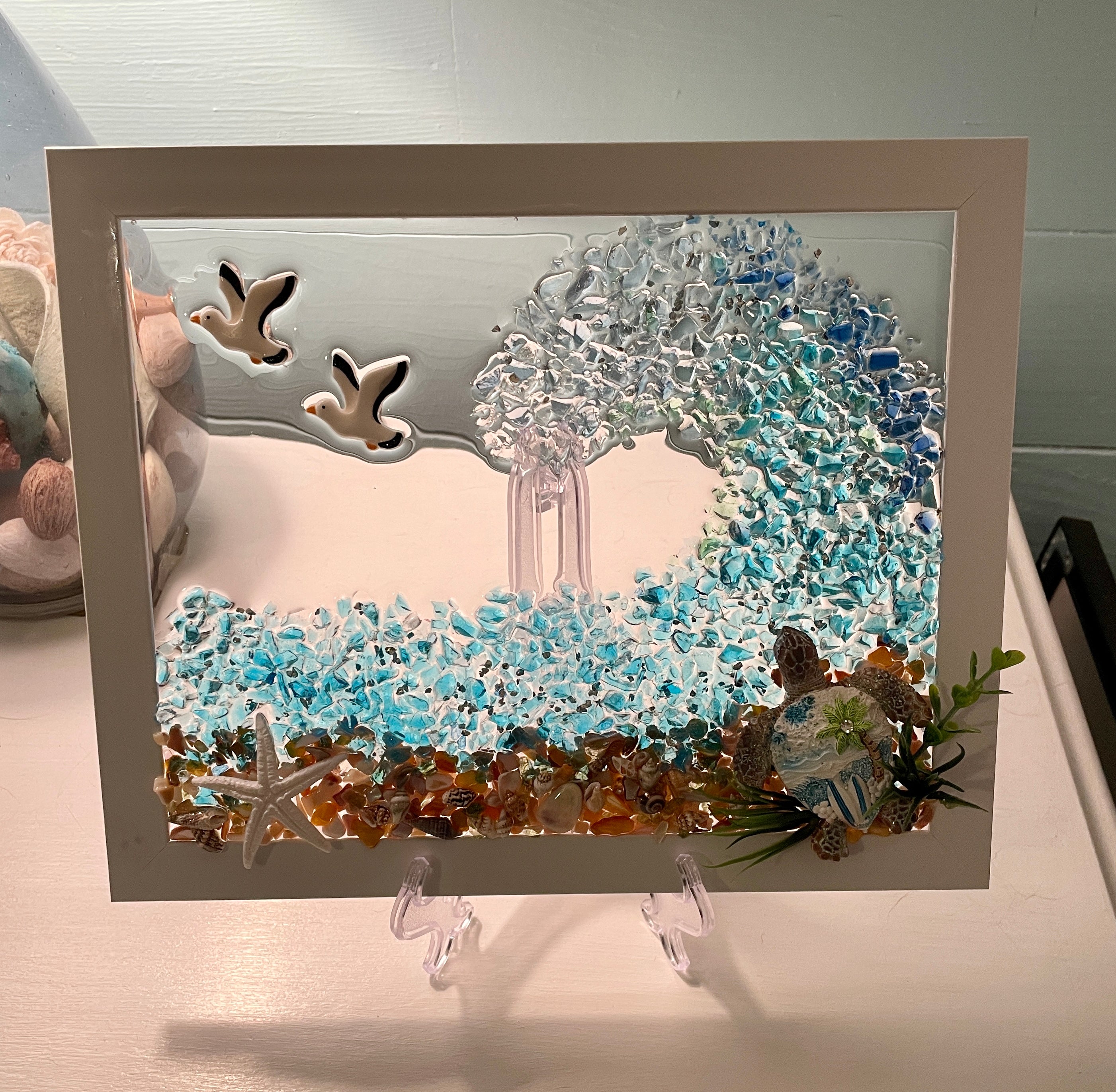 Sea Turtle with an Ocean Wave and resin Starfish - 8" x 10" Crushed Glass Picture