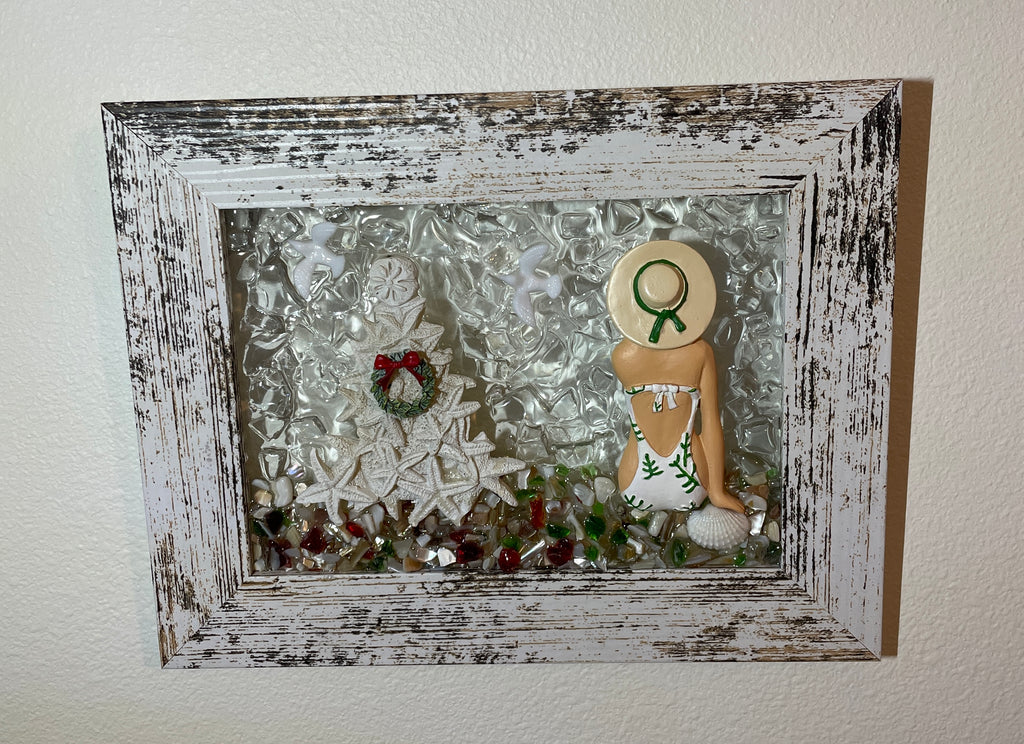 Coastal Christmas Beach Lady with Starfish Tree - 5x7 Handcrafted Holiday Art