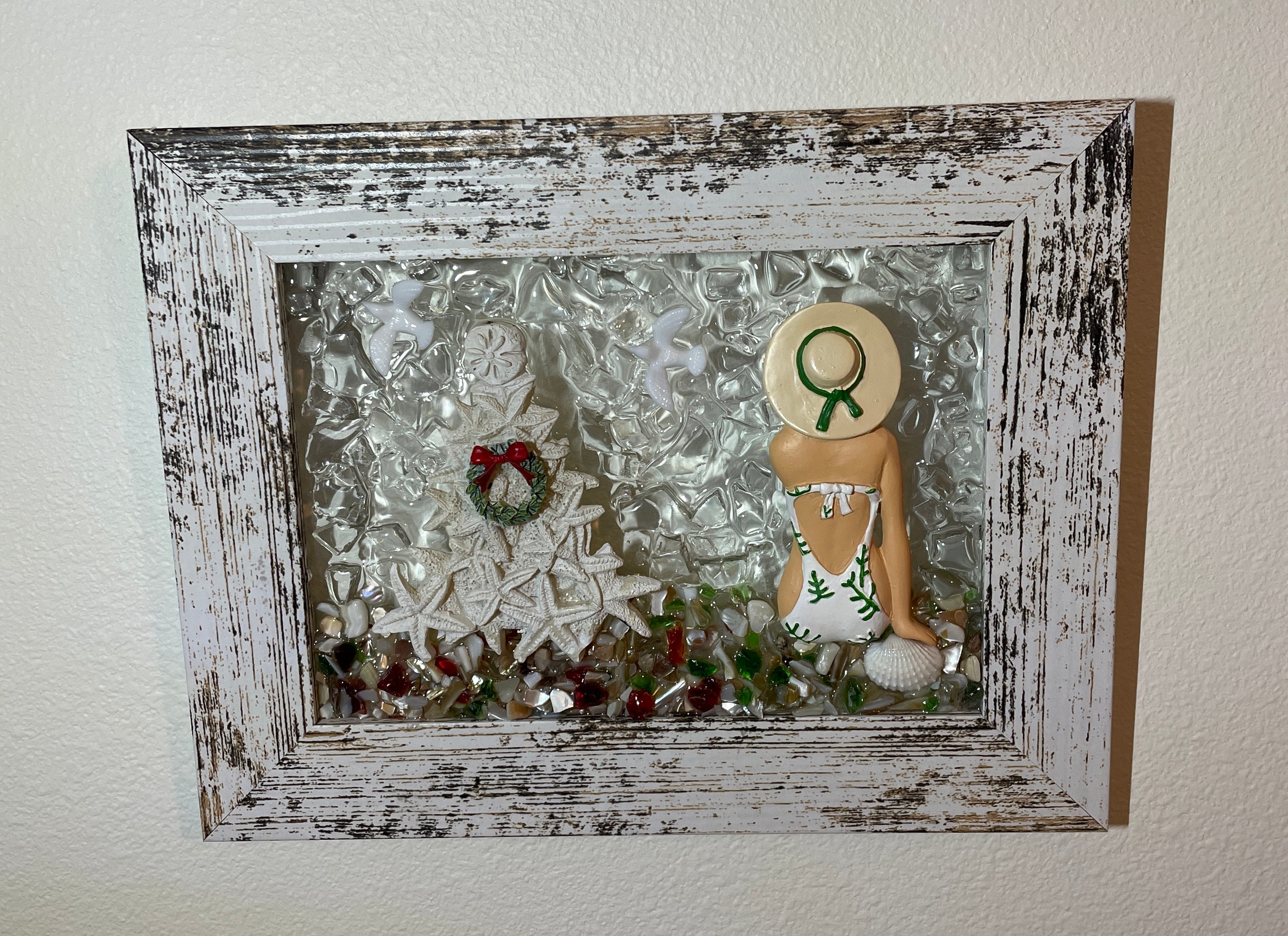 Coastal Christmas Beach Lady with Starfish Tree - 5x7 Handcrafted Holiday Art