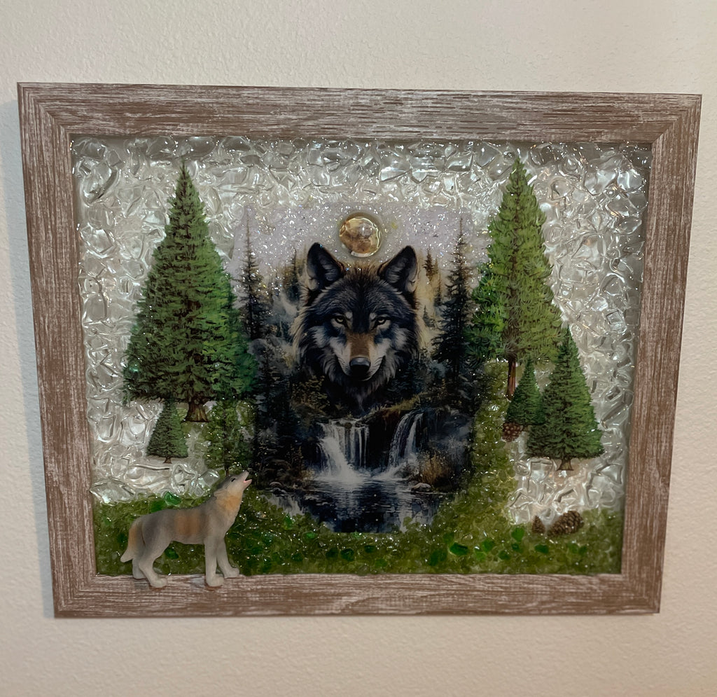 Handcrafted 8x10 Wolf Art featuring crushed glass