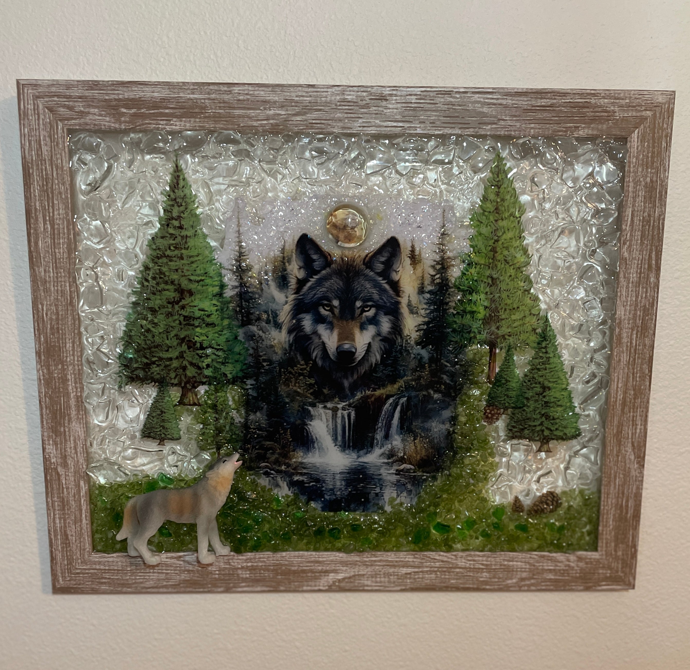 Handcrafted 8x10 Wolf Art featuring crushed glass