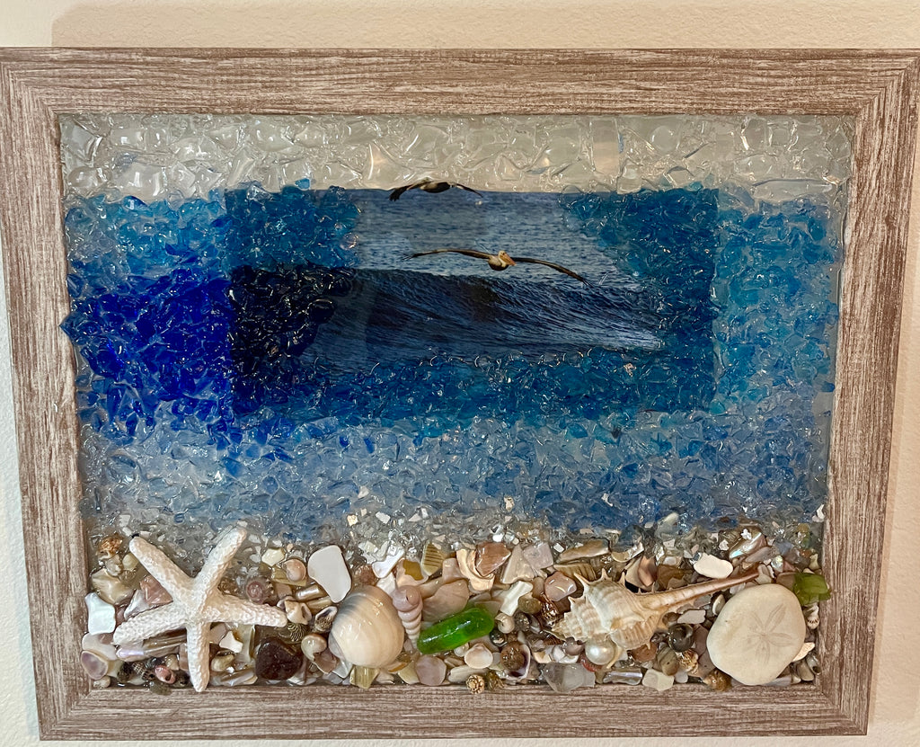 Beach scene with real sea glass, resin starfish and a seagull flying by - 8" x 10"