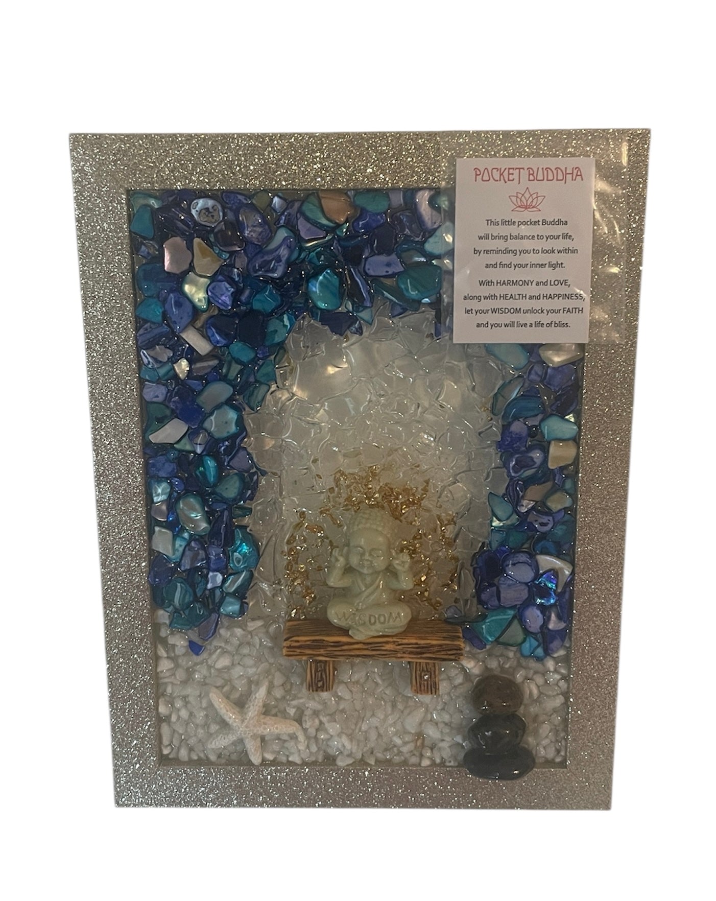 Buddha Wisdom Crushed Glass Art - Zen Stacked Rocks & Starfish (5" x 7")