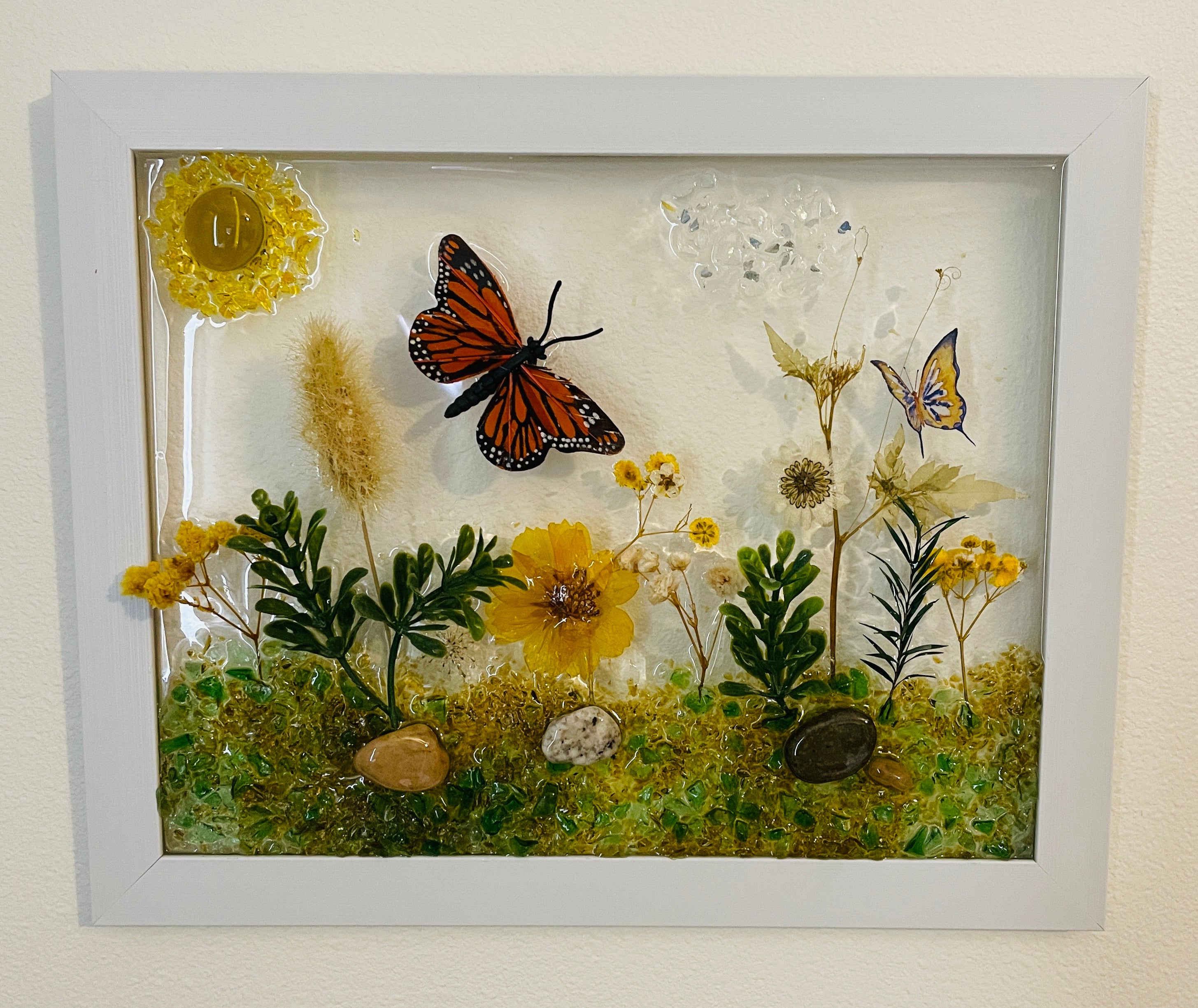 Garden Flowers with 3D Monarch Butterfly - 8x10 Crushed Glass Nature Art