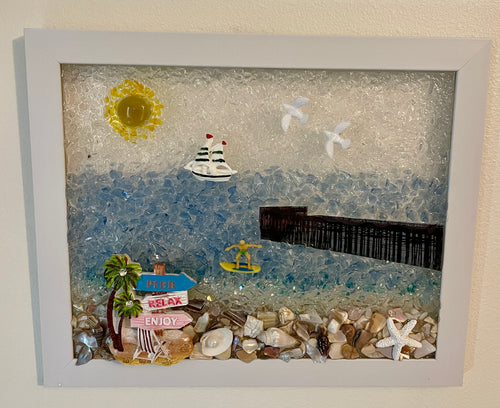 8 x 10 Surfer Riding the Waves by the Pier - Crushed Glass