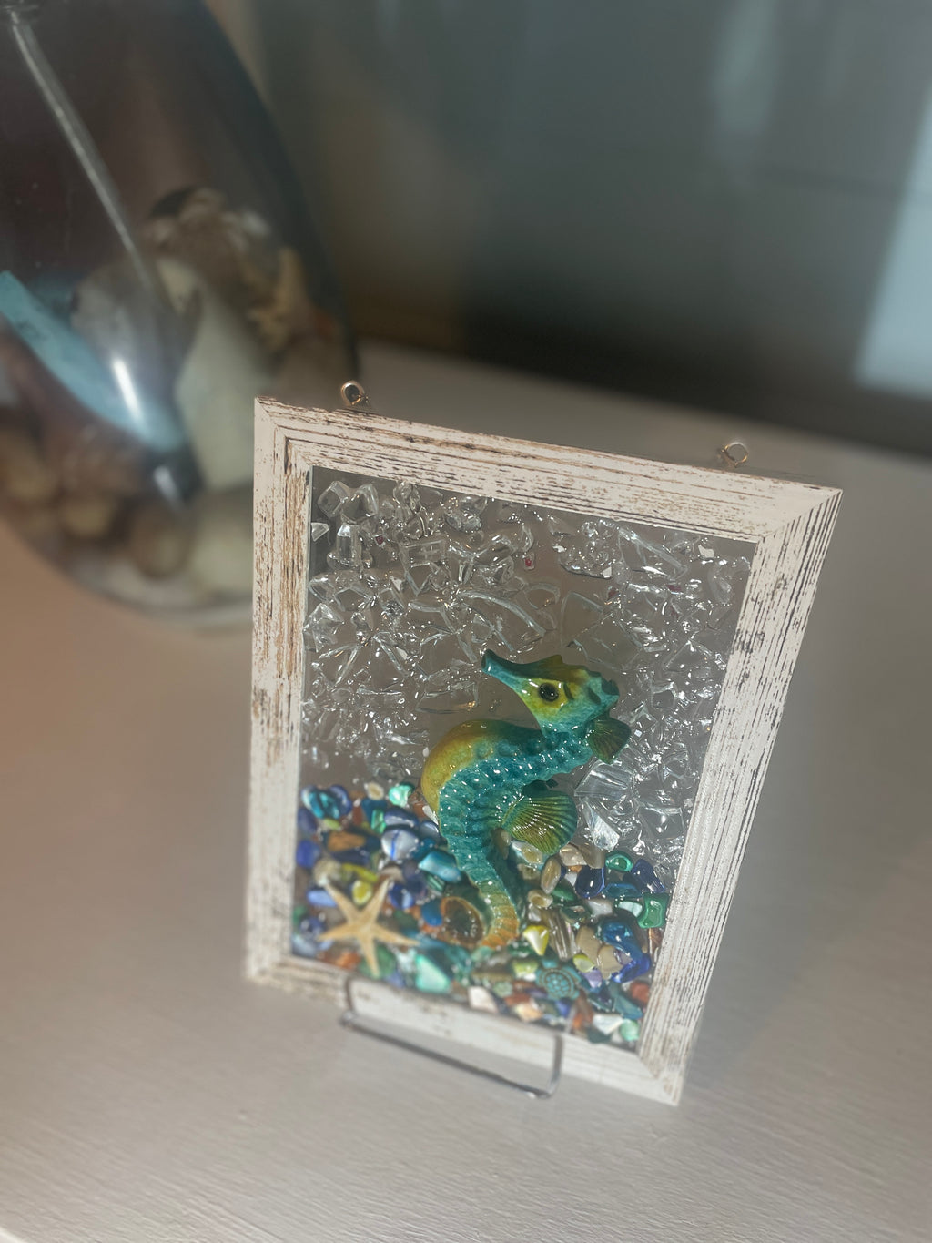 Colorful Seahorse Crushed Glass Art - Shells & Starfish (5" x 7")