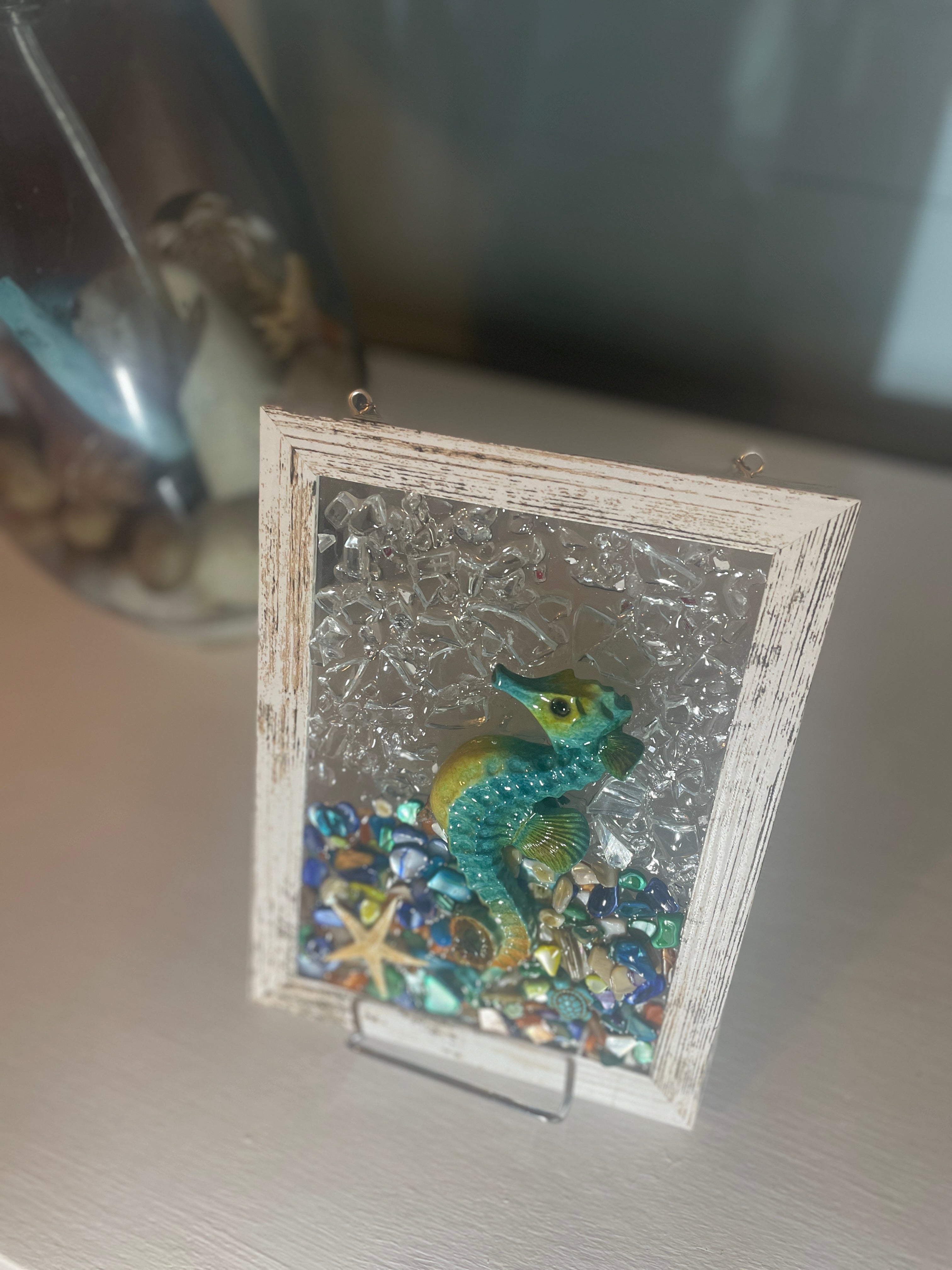 Colorful Seahorse Crushed Glass Art - Shells & Starfish (5" x 7")